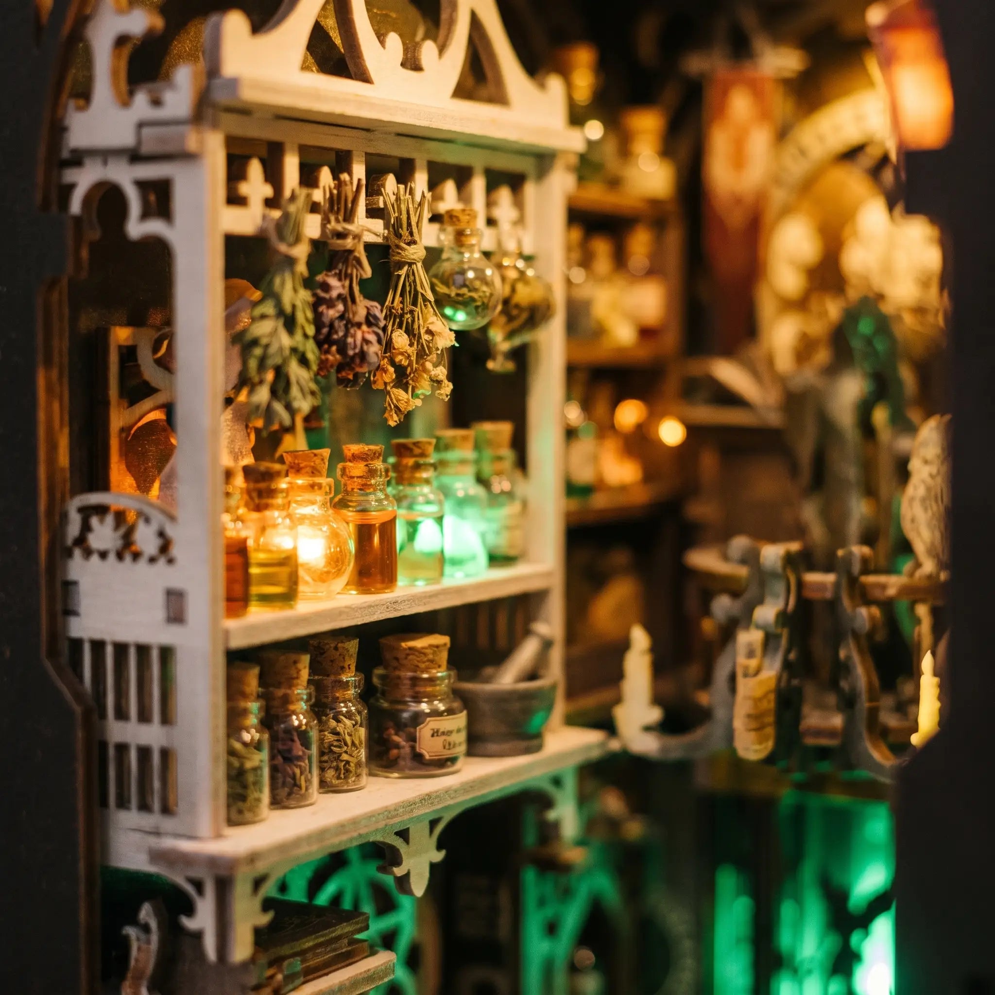 Macro detail of the apothecary shelf with glowing potion bottles and dried herbs