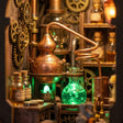 Macro detail of the bubbling copper still glowing green inside the apothecary
