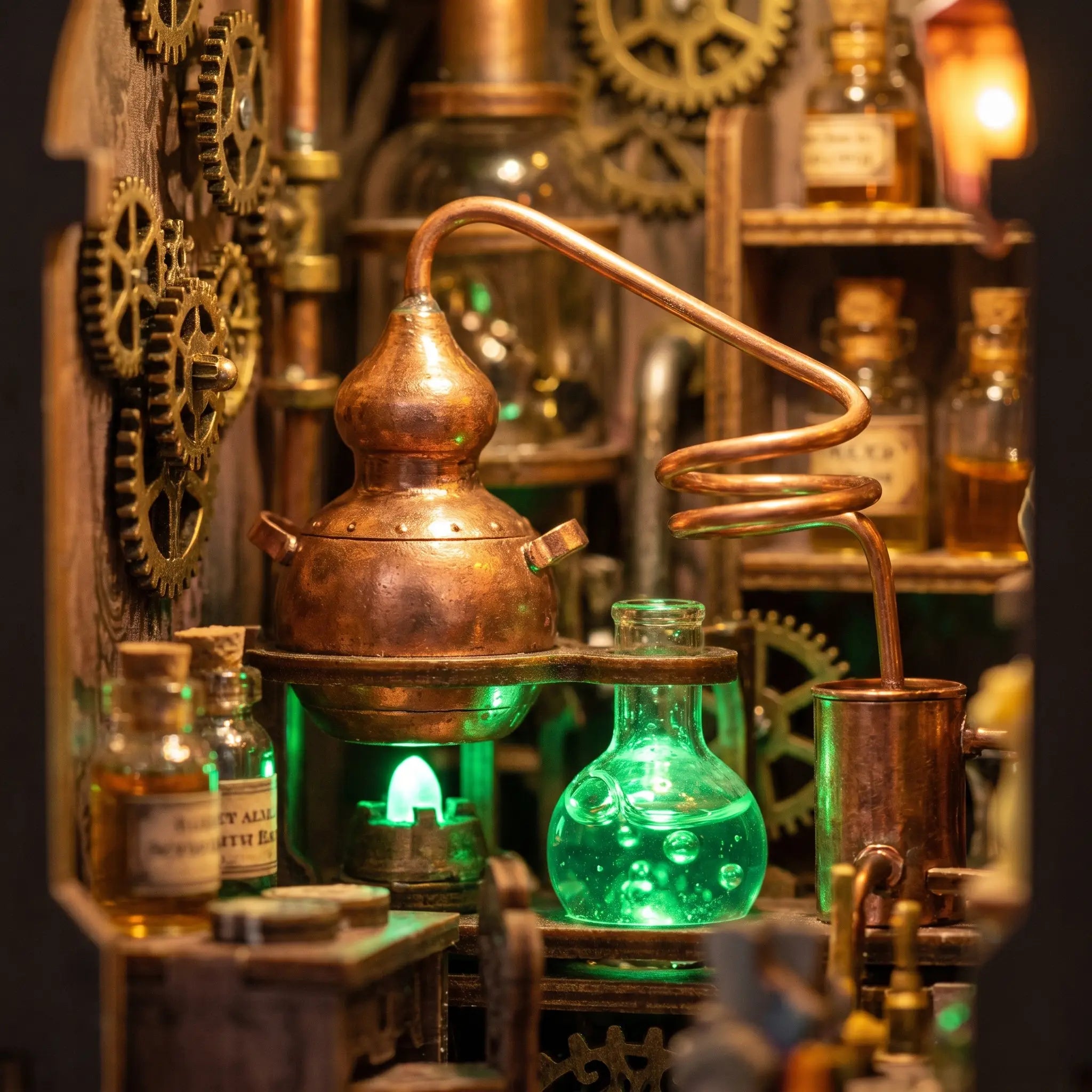 Macro detail of the bubbling copper still glowing green inside the apothecary
