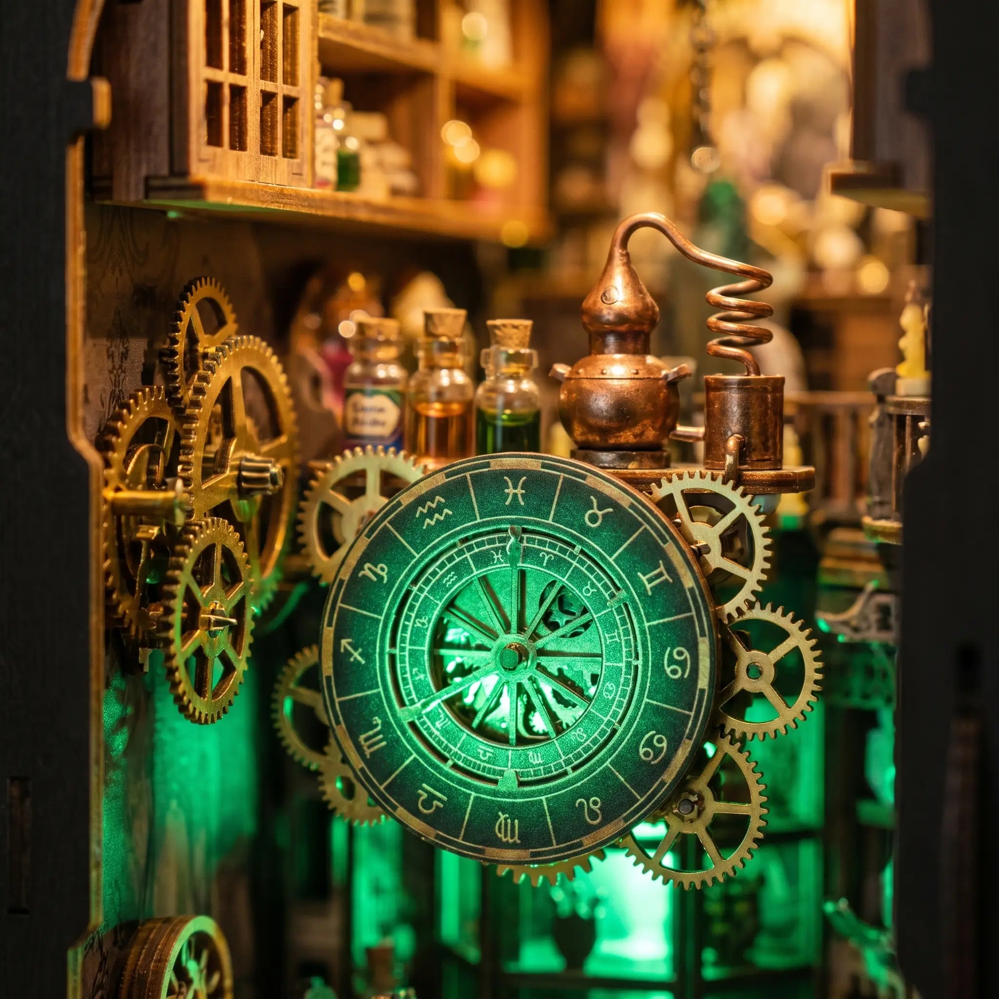 Close-up of the emerald astrological clockwork dial and brass gears inside the apothecary