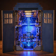 The Time Booth lit interior on a dark walnut backdrop
