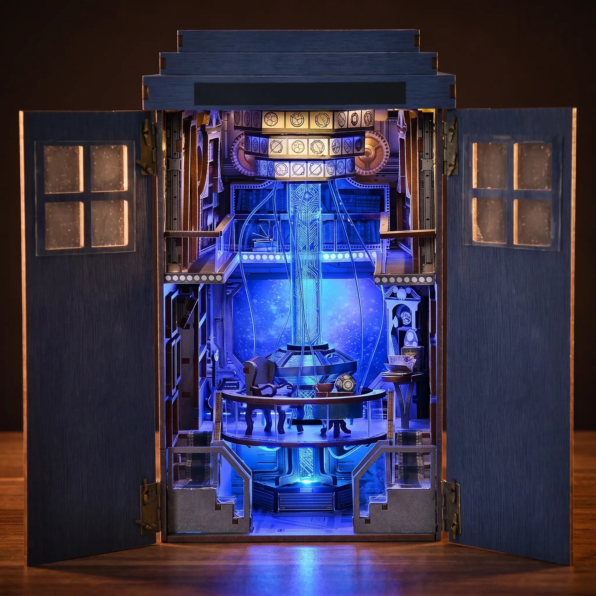 The Time Booth lit interior on a dark walnut backdrop