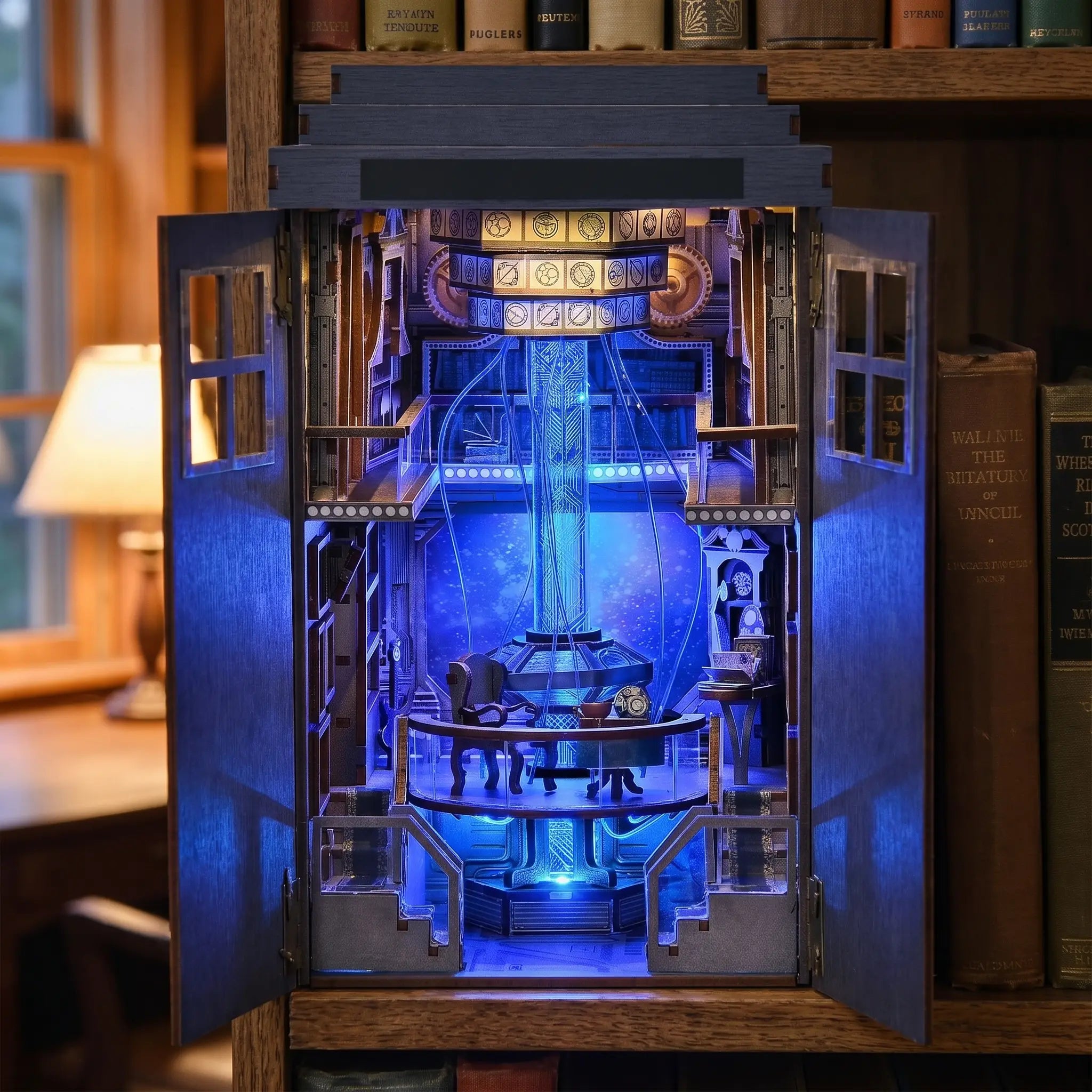 The Time Booth book nook slotted on a shelf between books at dusk