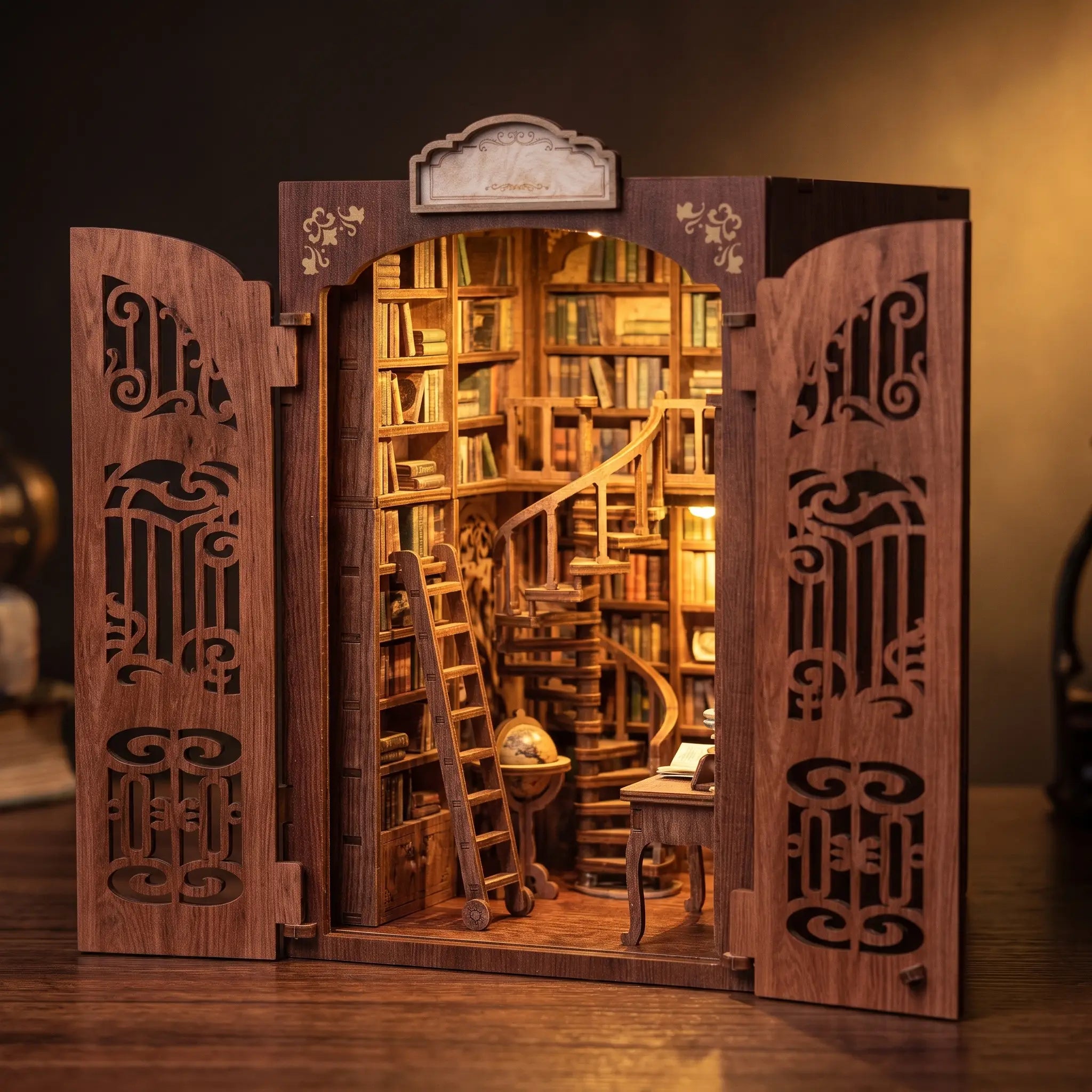 The Book Emporium DIY book nook kit, grand vintage bookshop glowing on dark walnut