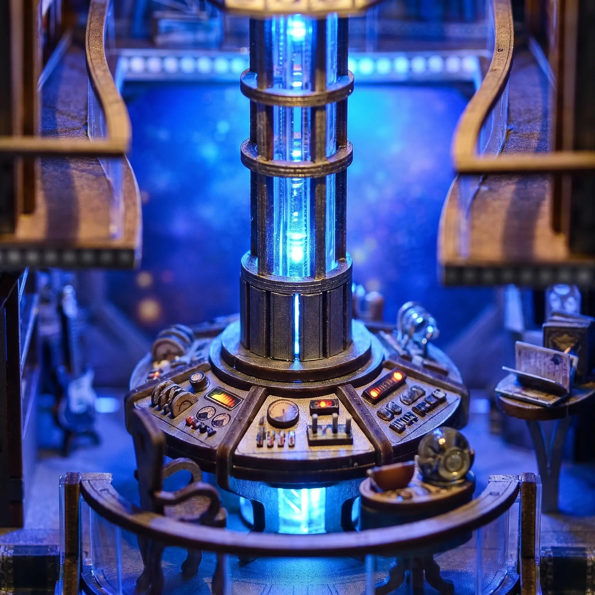 Macro close-up of the glowing time-machine console inside The Time Booth