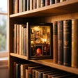 The Fireside Parlour book nook slotted on a bookshelf between books at dusk