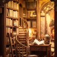 Warm lit interior of The Book Emporium with shelves, ladder and reading desk