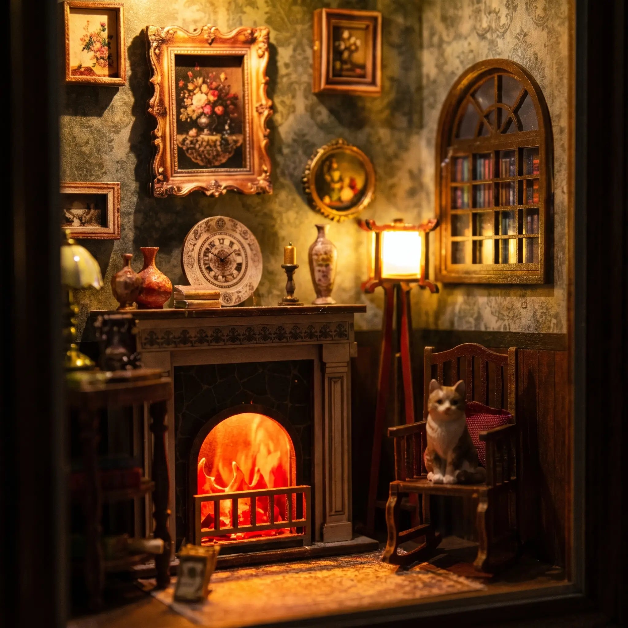 Close-up of the lit fireplace, mantel clock and reading lamp inside The Fireside Parlour