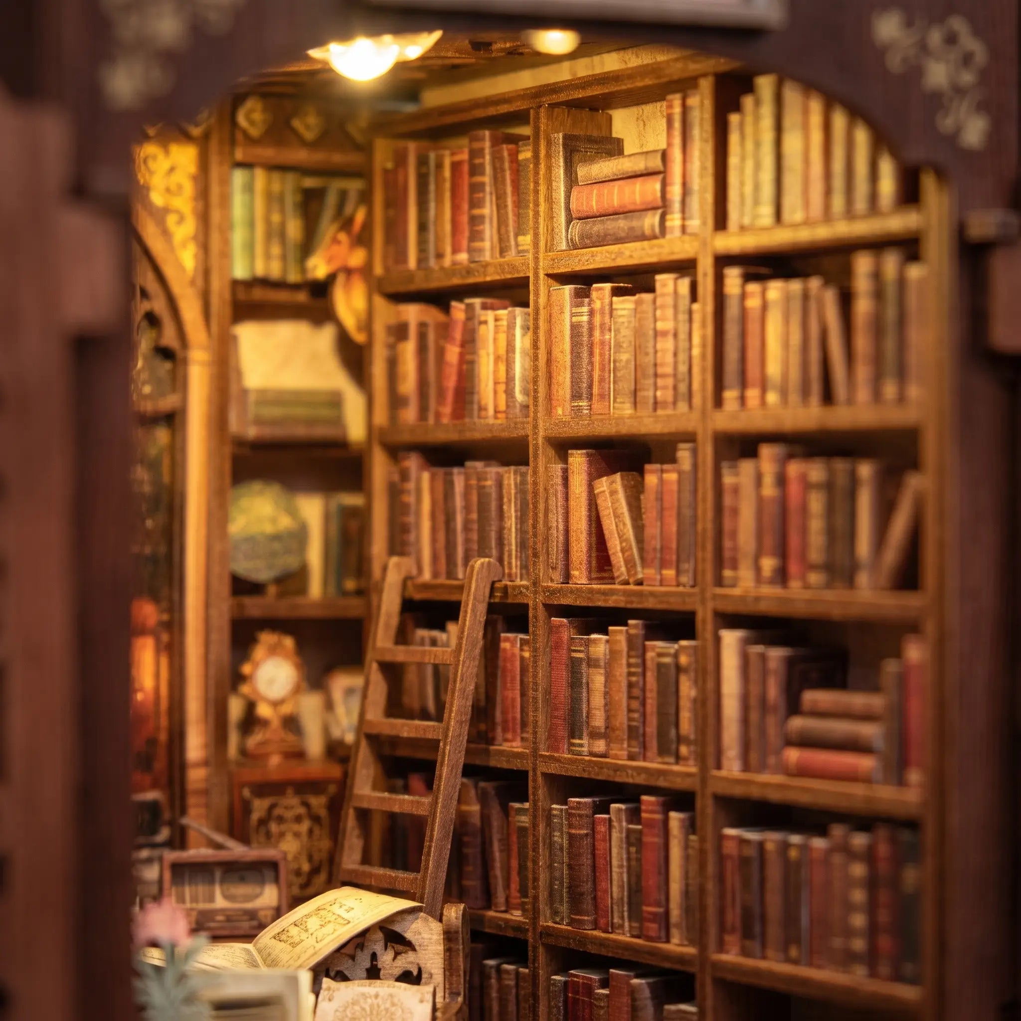 Towering bookshelves packed with tiny books inside The Book Emporium