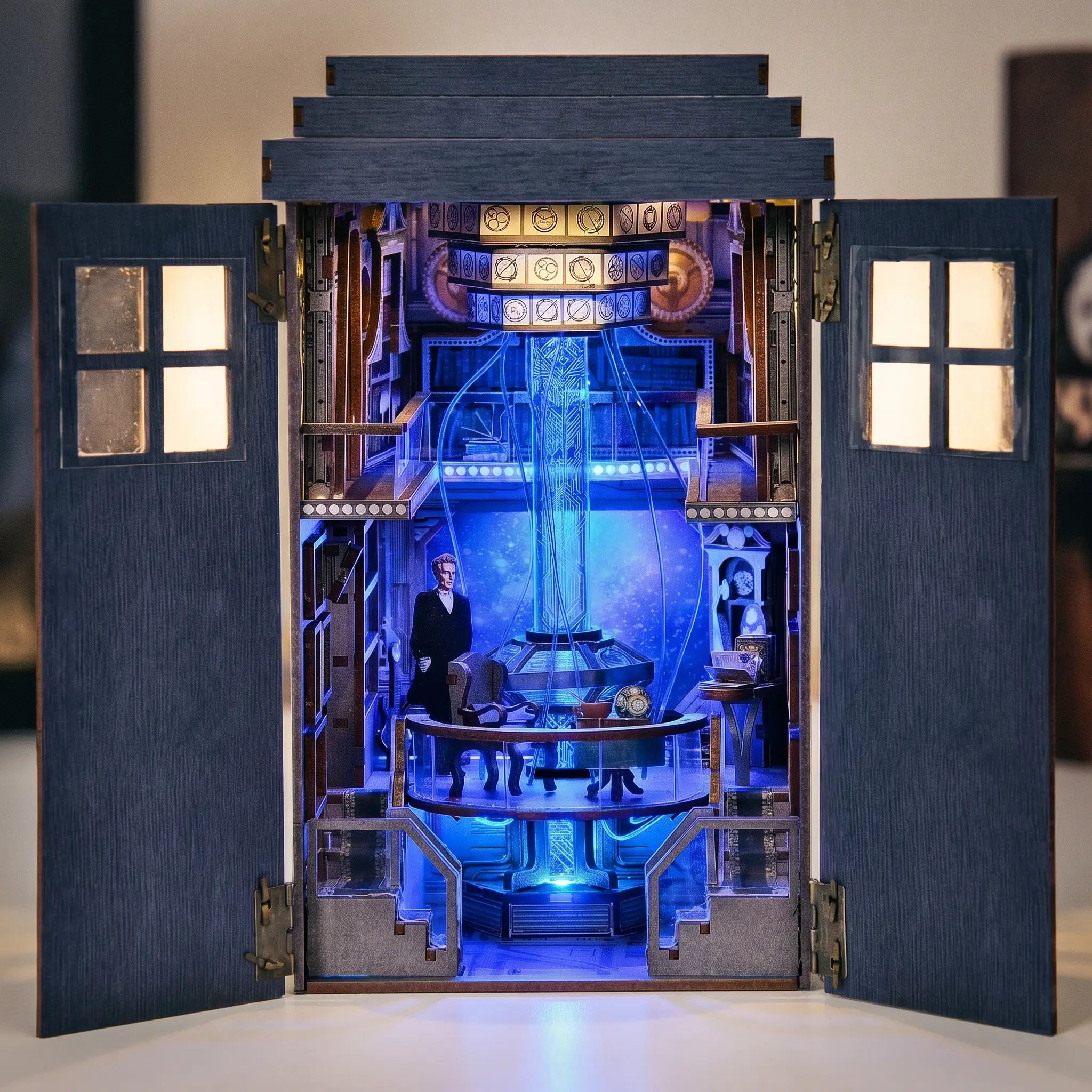 Close-up of the open paned doors of The Time Booth framing the glowing console room