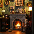 Macro detail of the glowing fireplace and carved mantel in The Fireside Parlour