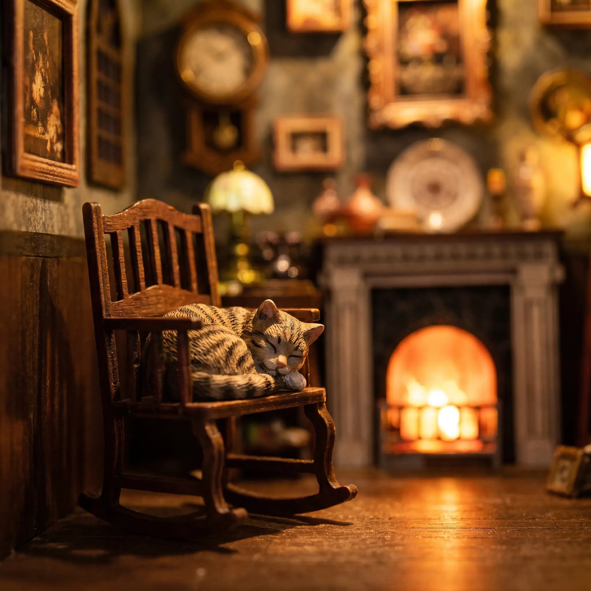 A small cat curled asleep on the rocking chair by the fire inside The Fireside Parlour