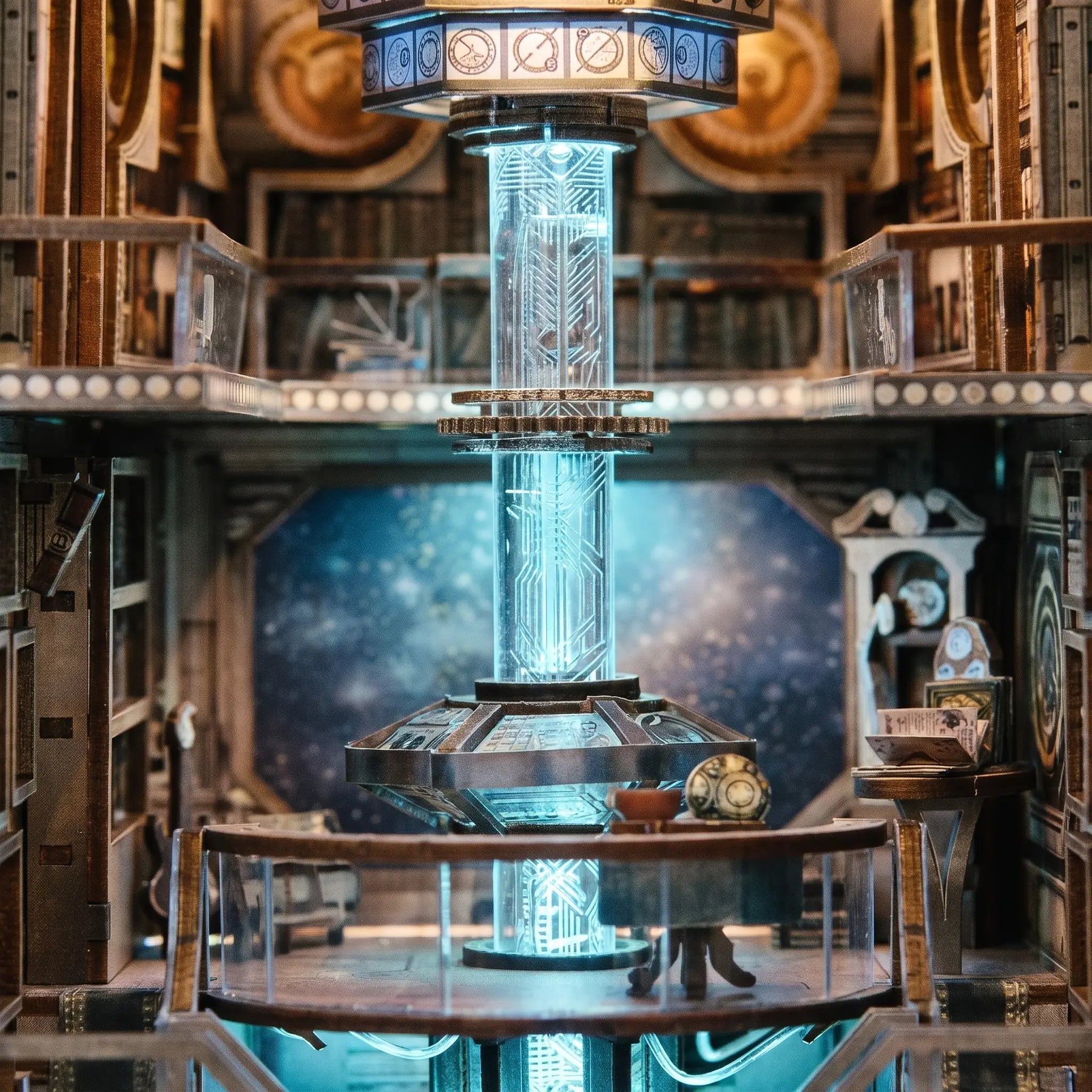 Close-up of the glowing central time-machine column inside The Time Booth