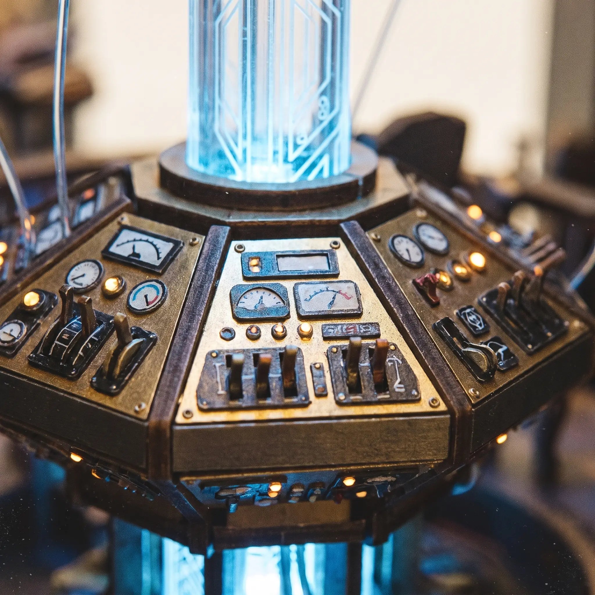 Close-up of the time-machine control panels with tiny dials and switches in The Time Booth