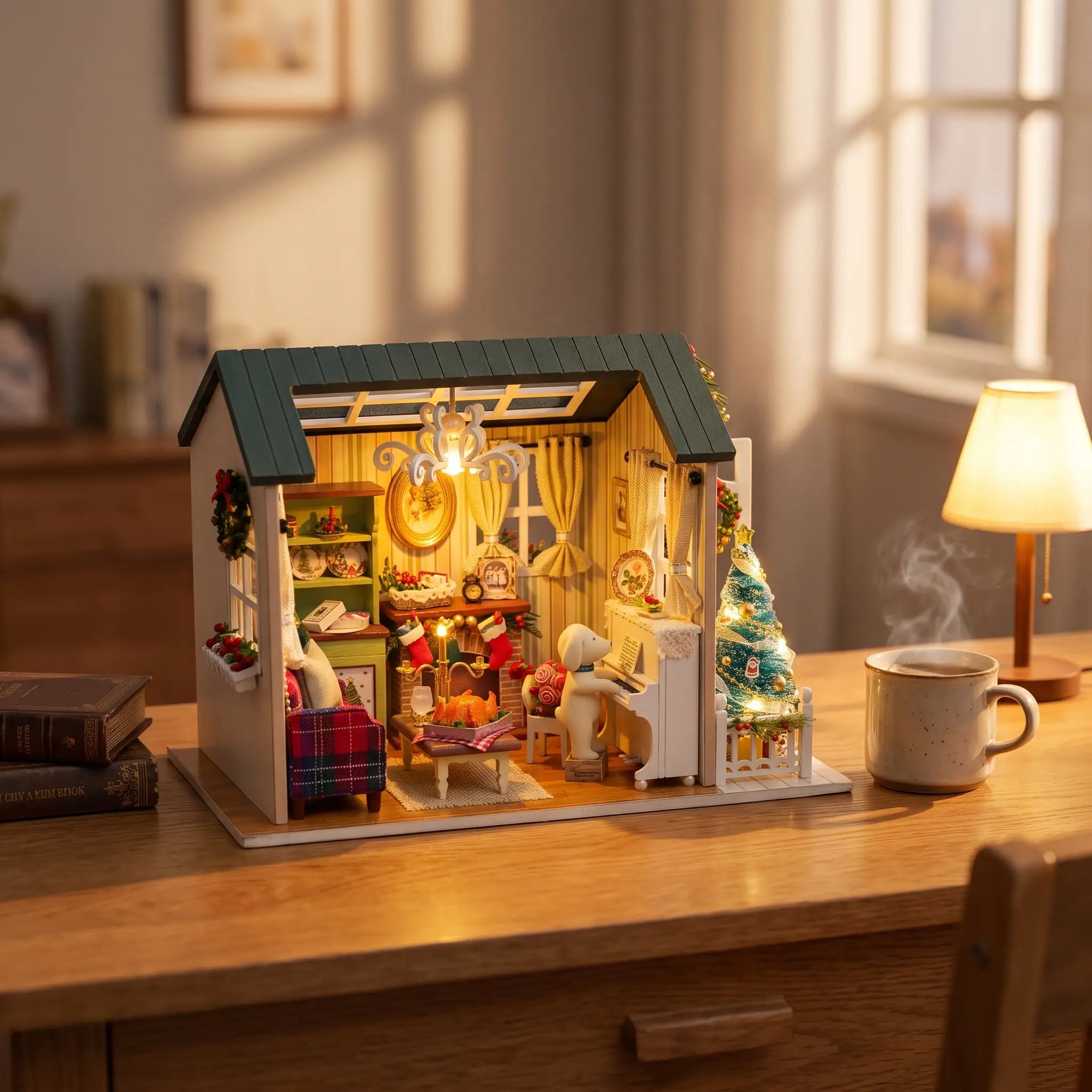 The Christmas Parlour on a wooden desk with a warm mug and books
