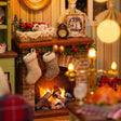 Close-up of the fireplace and hanging stockings inside The Christmas Parlour