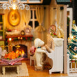 Close-up of the white piano and the little dog inside The Christmas Parlour
