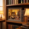 The Dressmaker's Shop slotted on a bookshelf between books at dusk