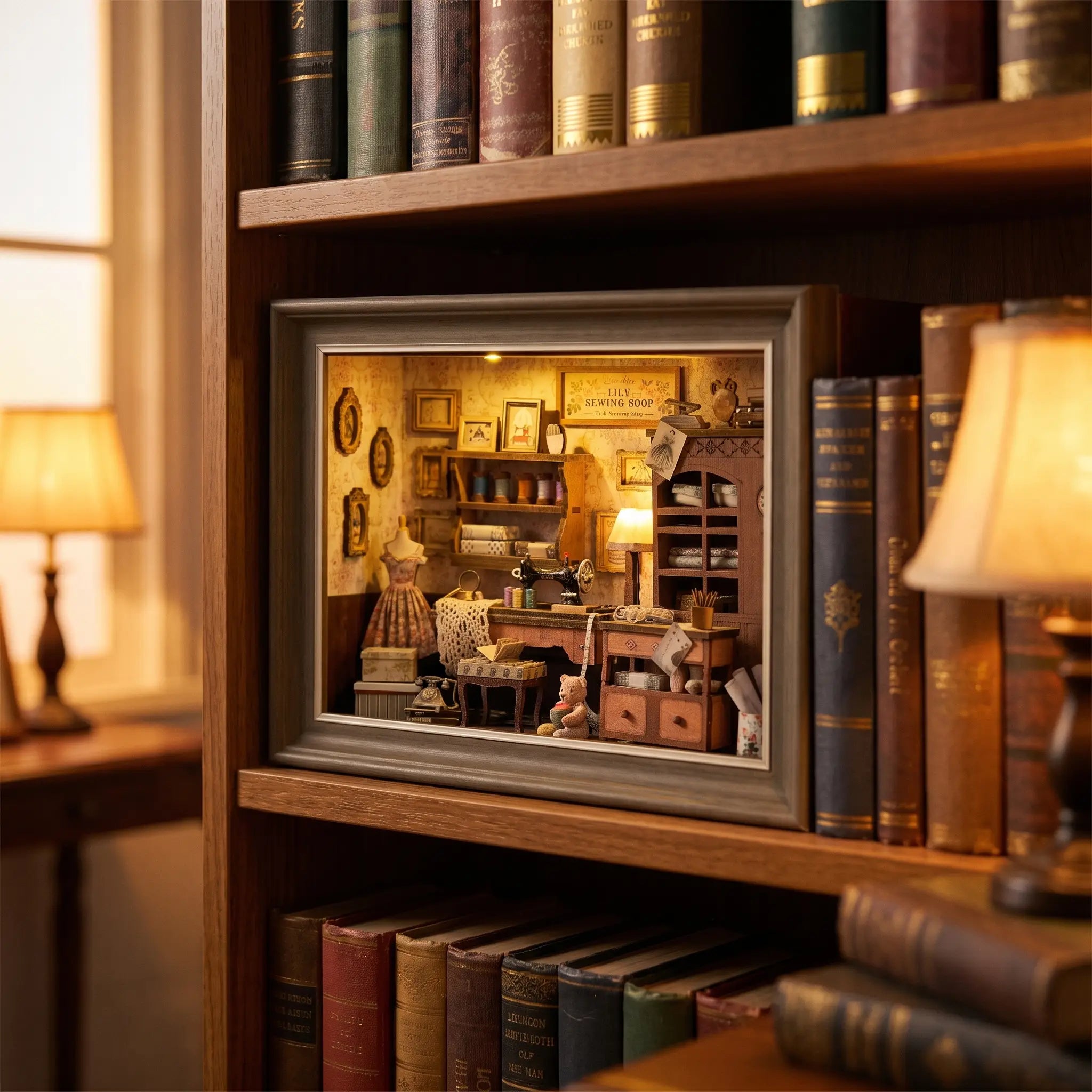 The Dressmaker's Shop slotted on a bookshelf between books at dusk