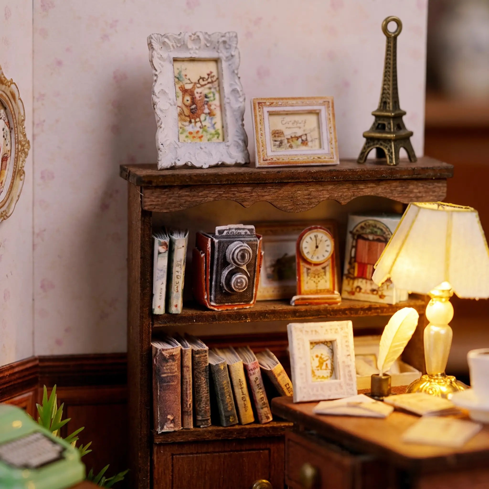 Detail of the bookshelf with books and a tiny Eiffel Tower figurine