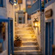 Close-up of the whitewashed stone steps inside The Aegean Alley miniature book nook