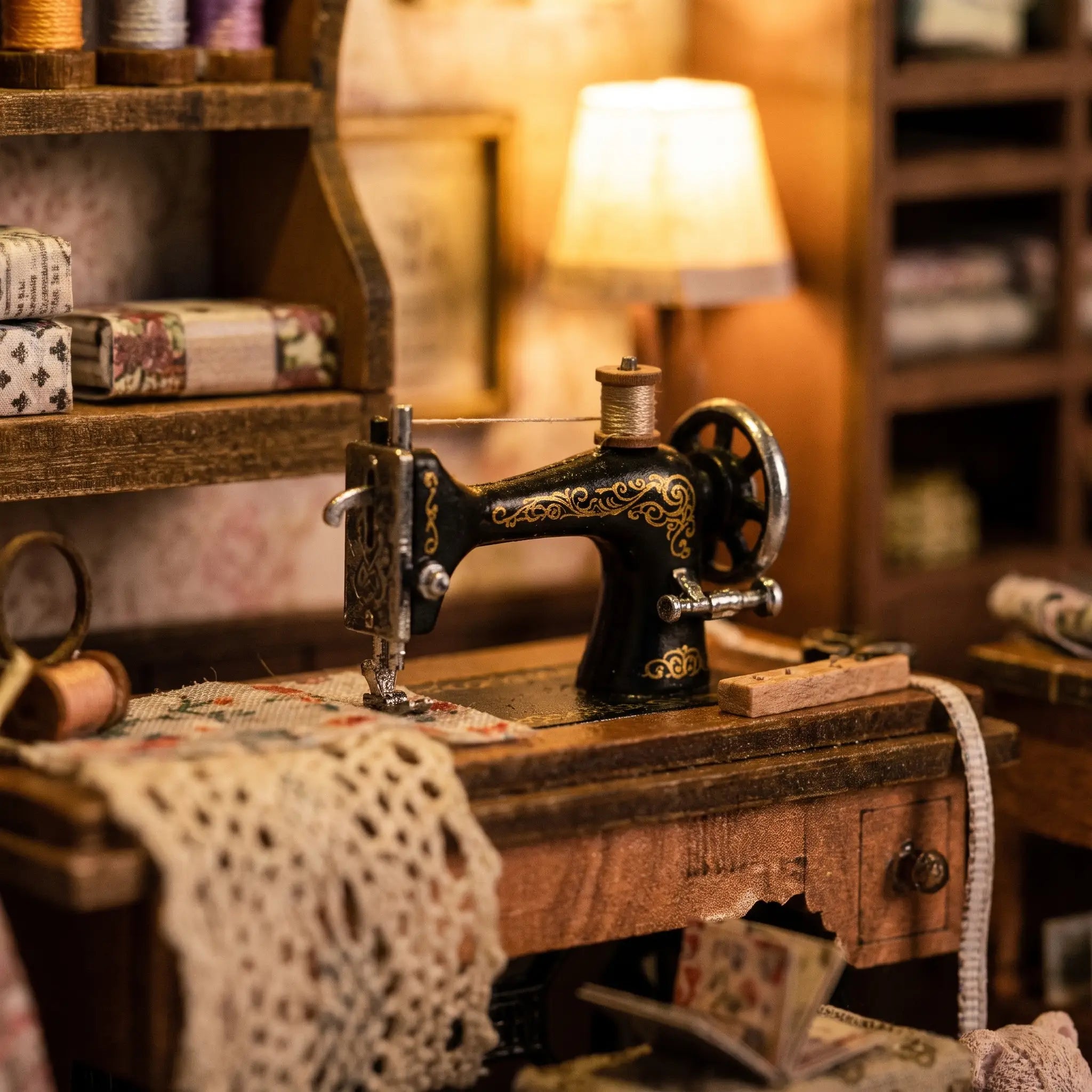 Close-up of the cast-iron sewing machine inside The Dressmaker's Shop