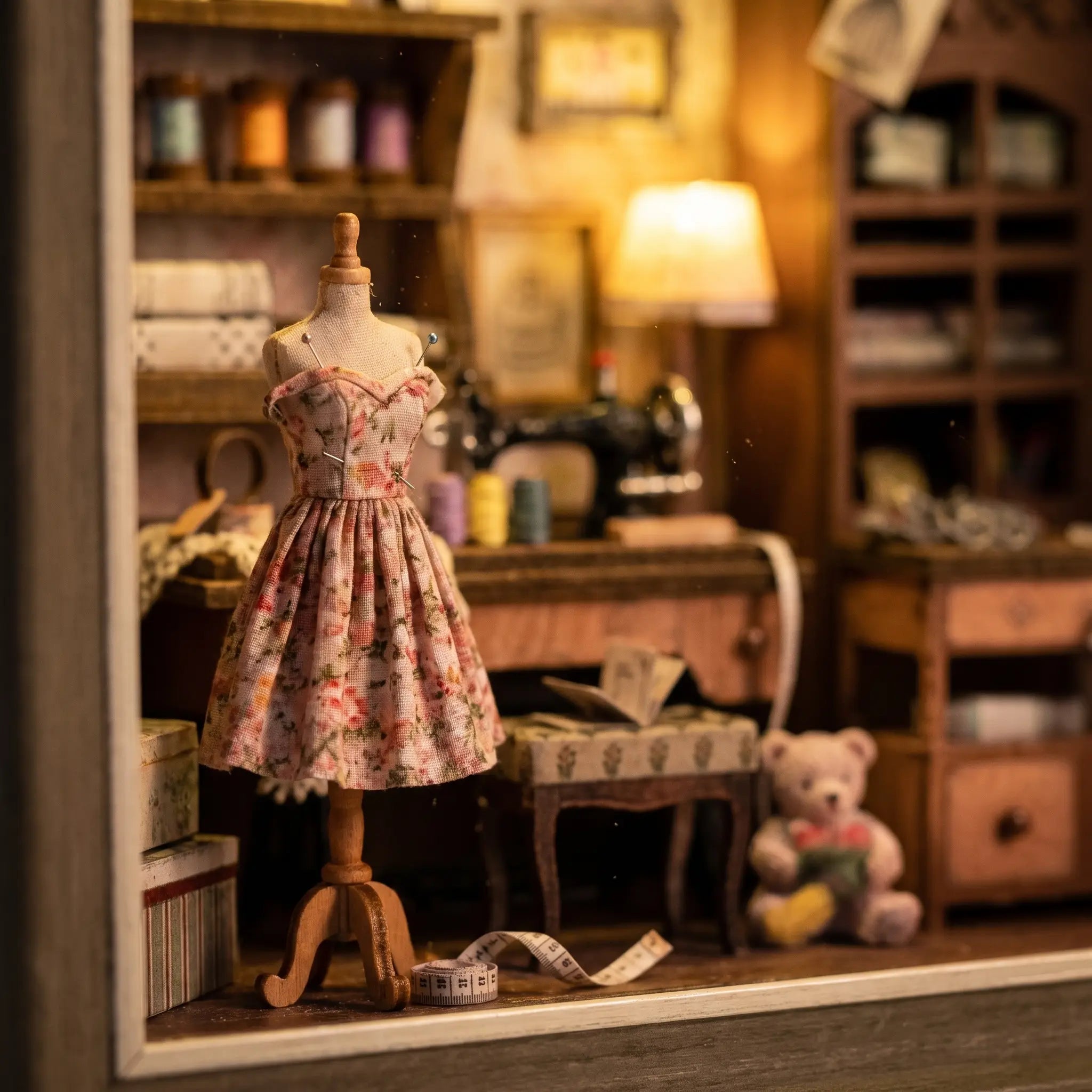 Close-up of the dress-form mannequin in a floral dress inside The Dressmaker's Shop