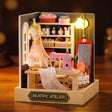The Sewing Corner miniature dressmaker roombox on dark walnut, warm LED lit