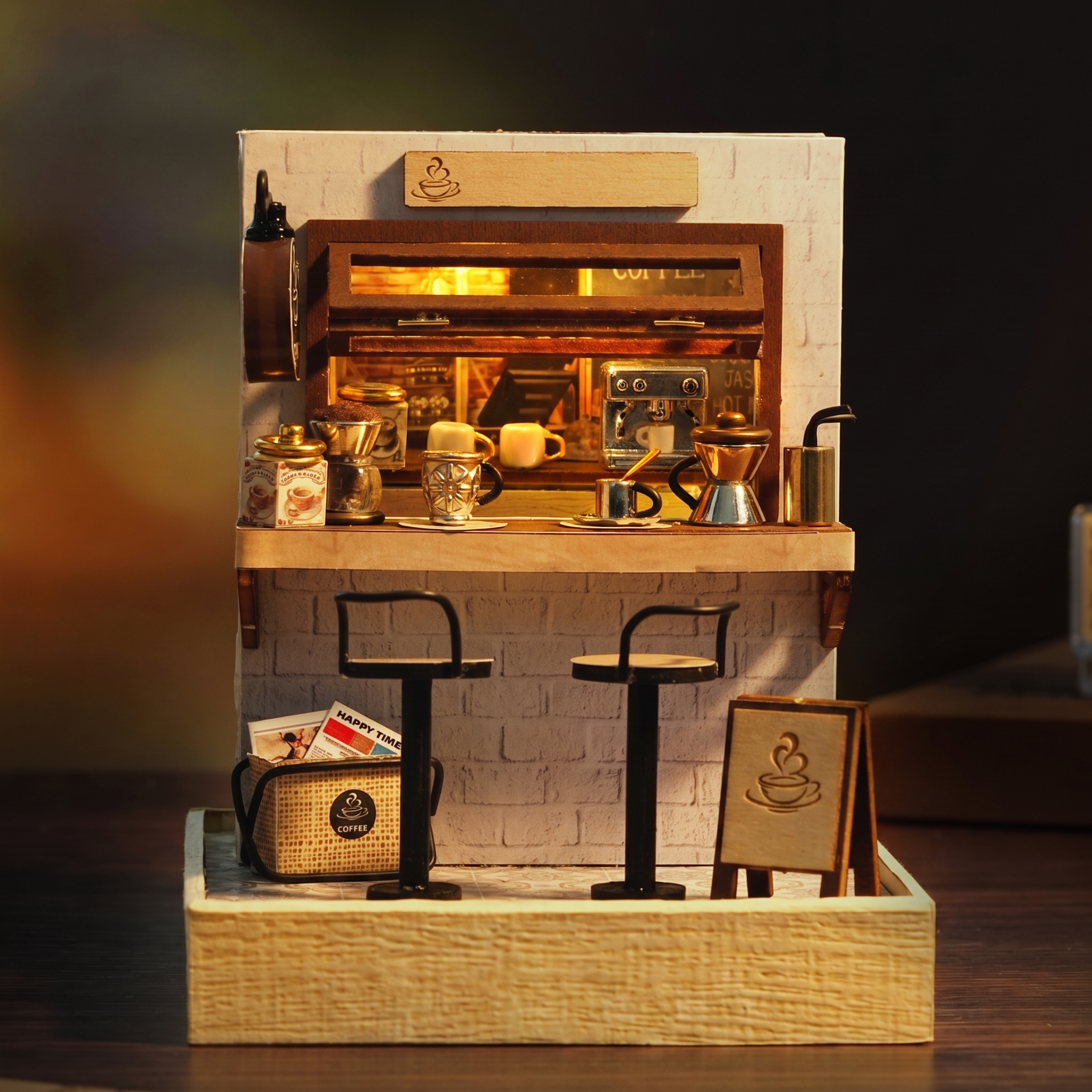 The Espresso Bar lit interior on a dark warm backdrop