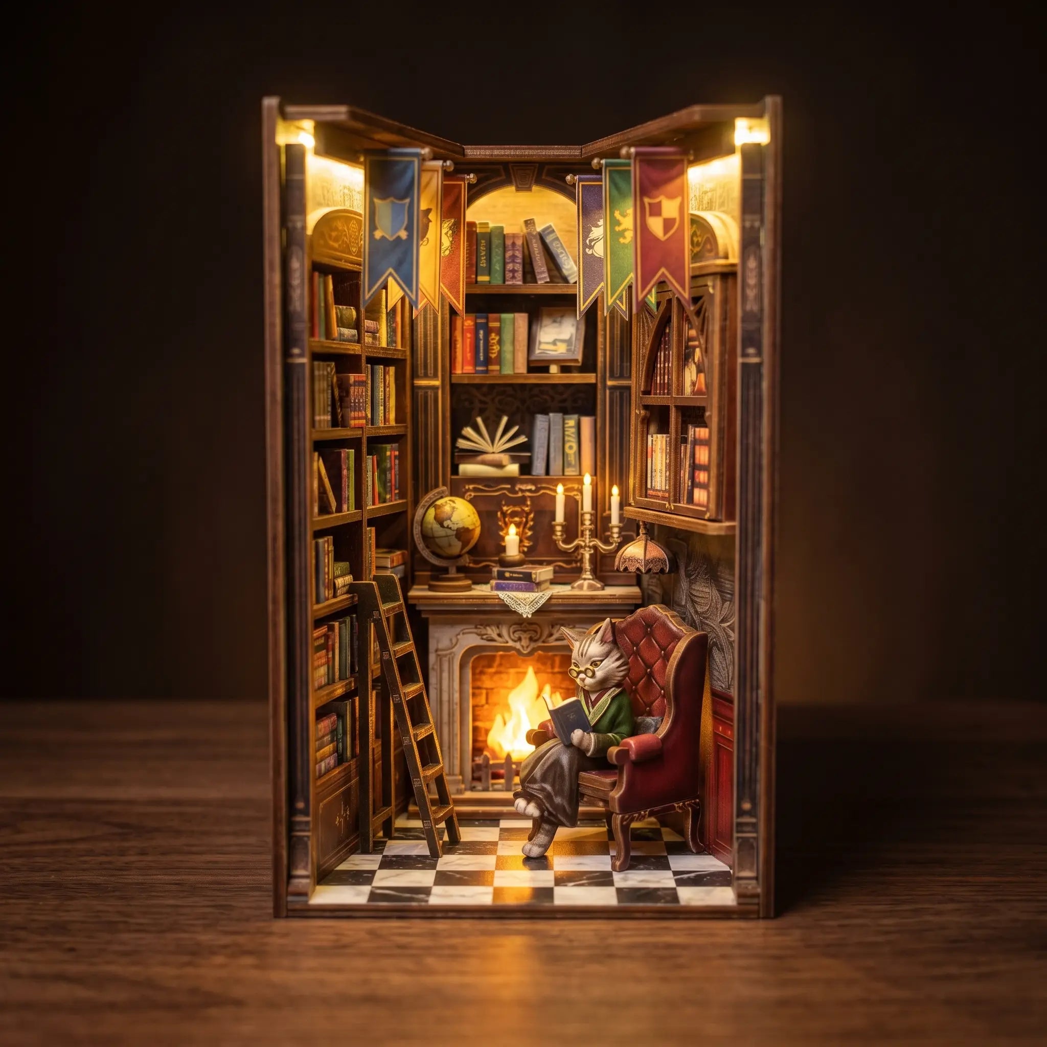 The Cat's Study book nook lit interior on a dark backdrop