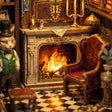 Close up of the glowing stone fireplace in The Cat's Study