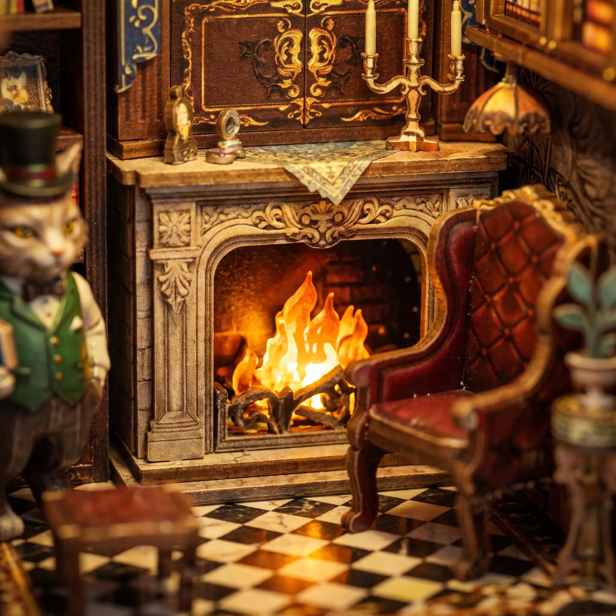 Close up of the glowing stone fireplace in The Cat's Study