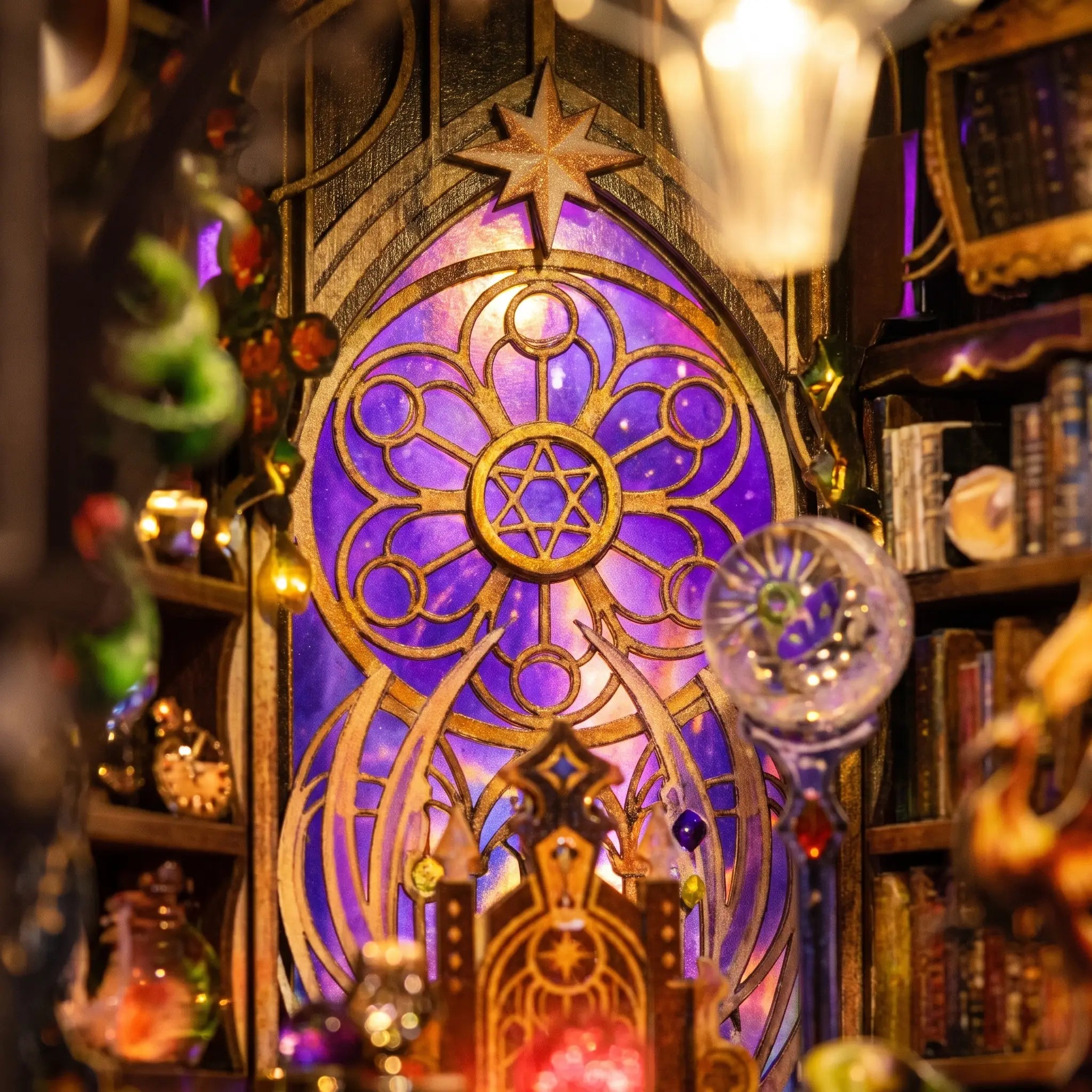 Close-up of the glowing stained-glass zodiac rose window