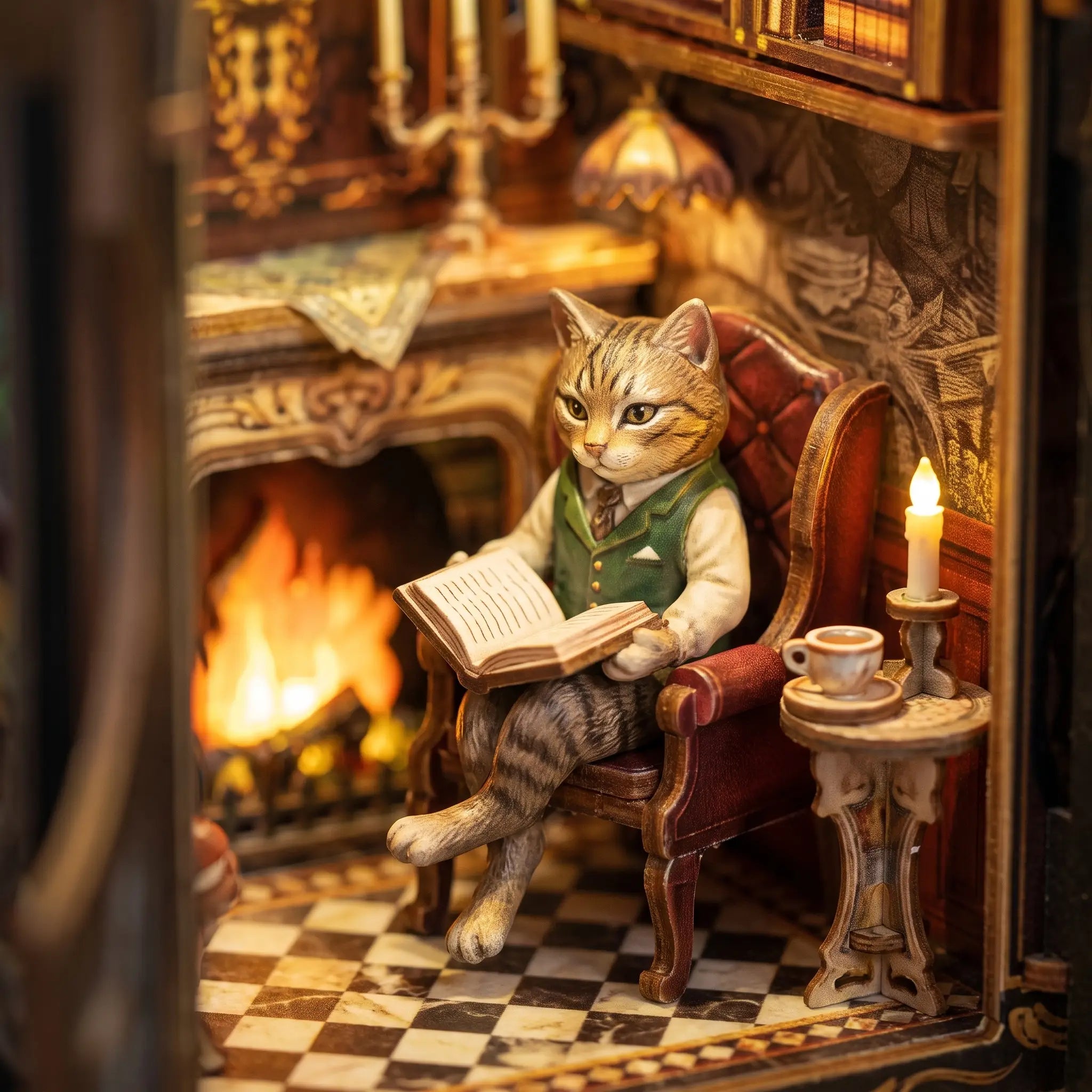 Close up of the gentleman cat reading by the fire in The Cat's Study