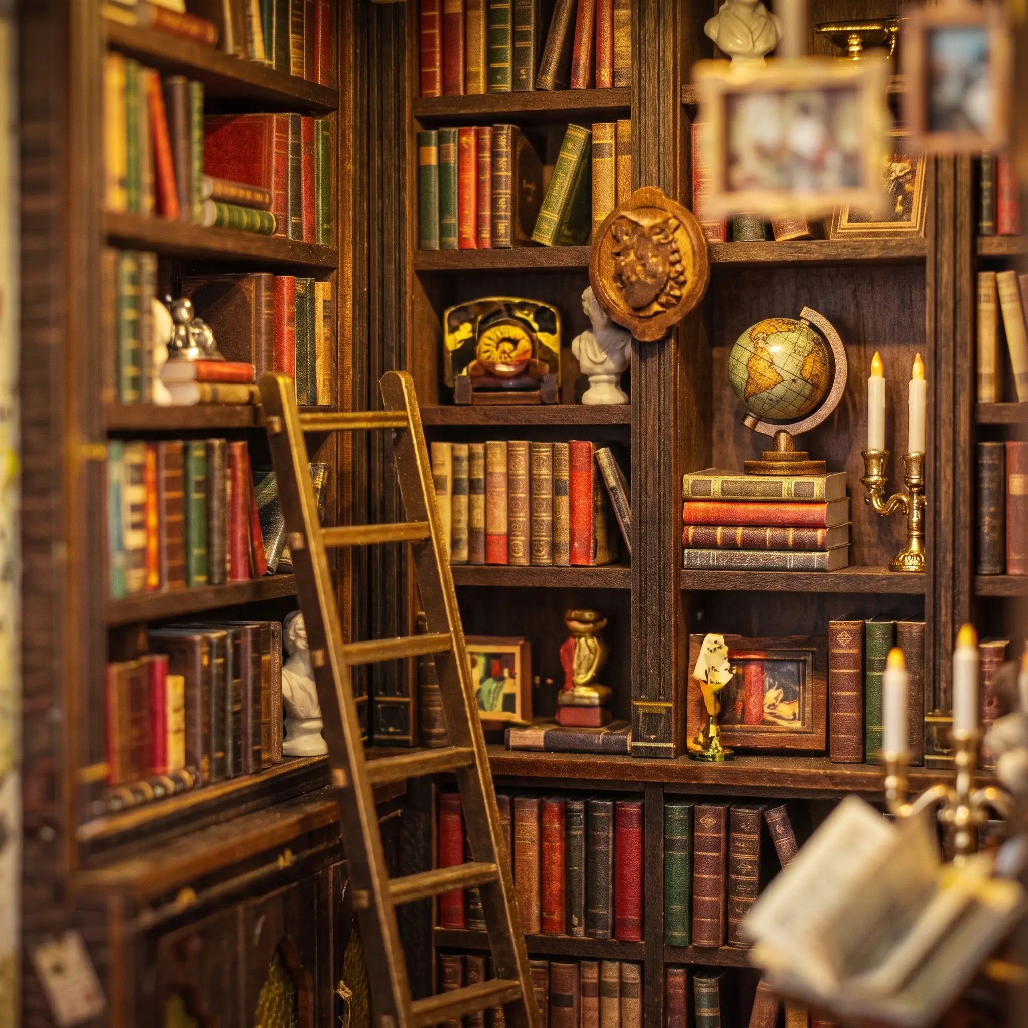 Close up of the tall bookshelves in The Cat's Study