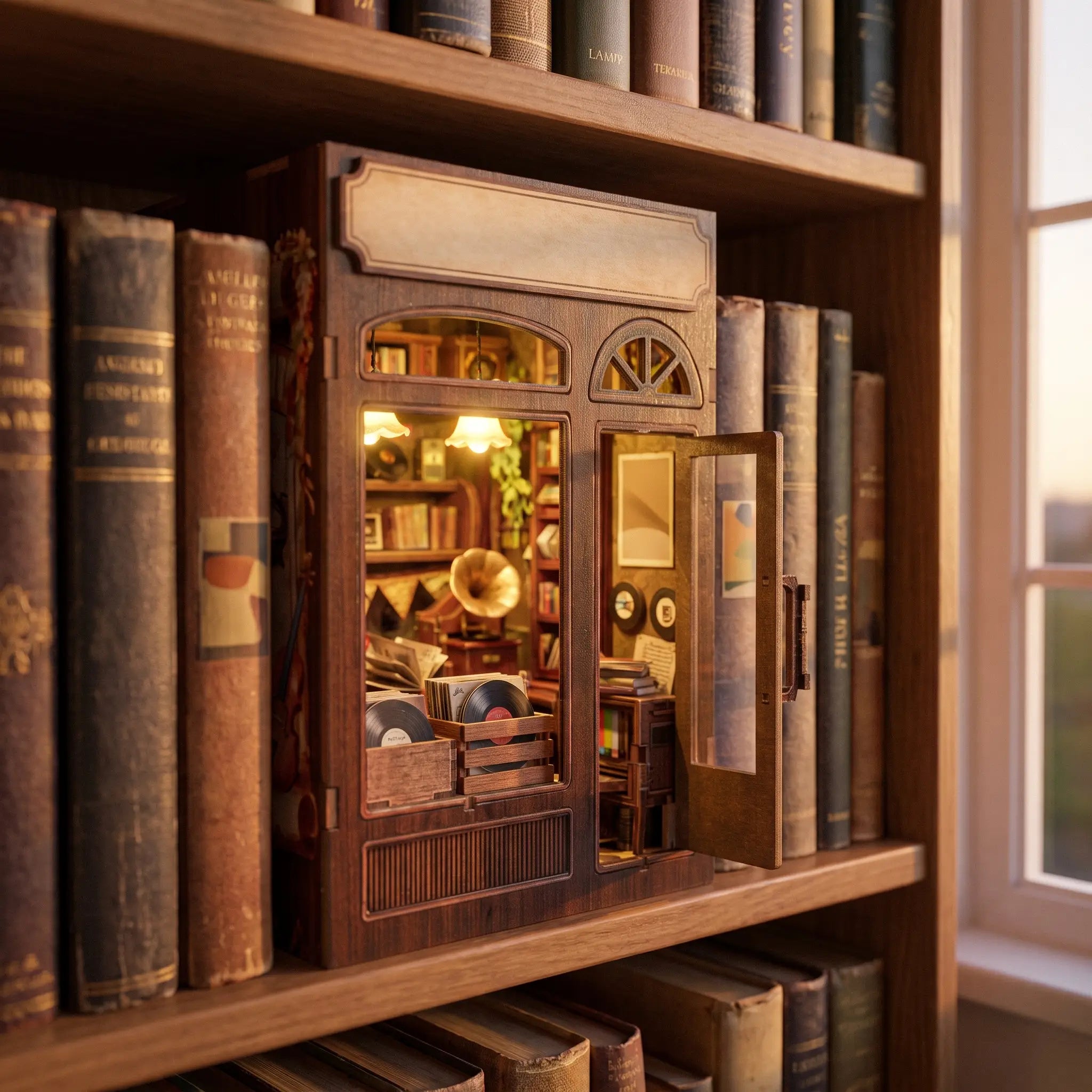 The Record Shop book nook slotted on a bookshelf between books at dusk