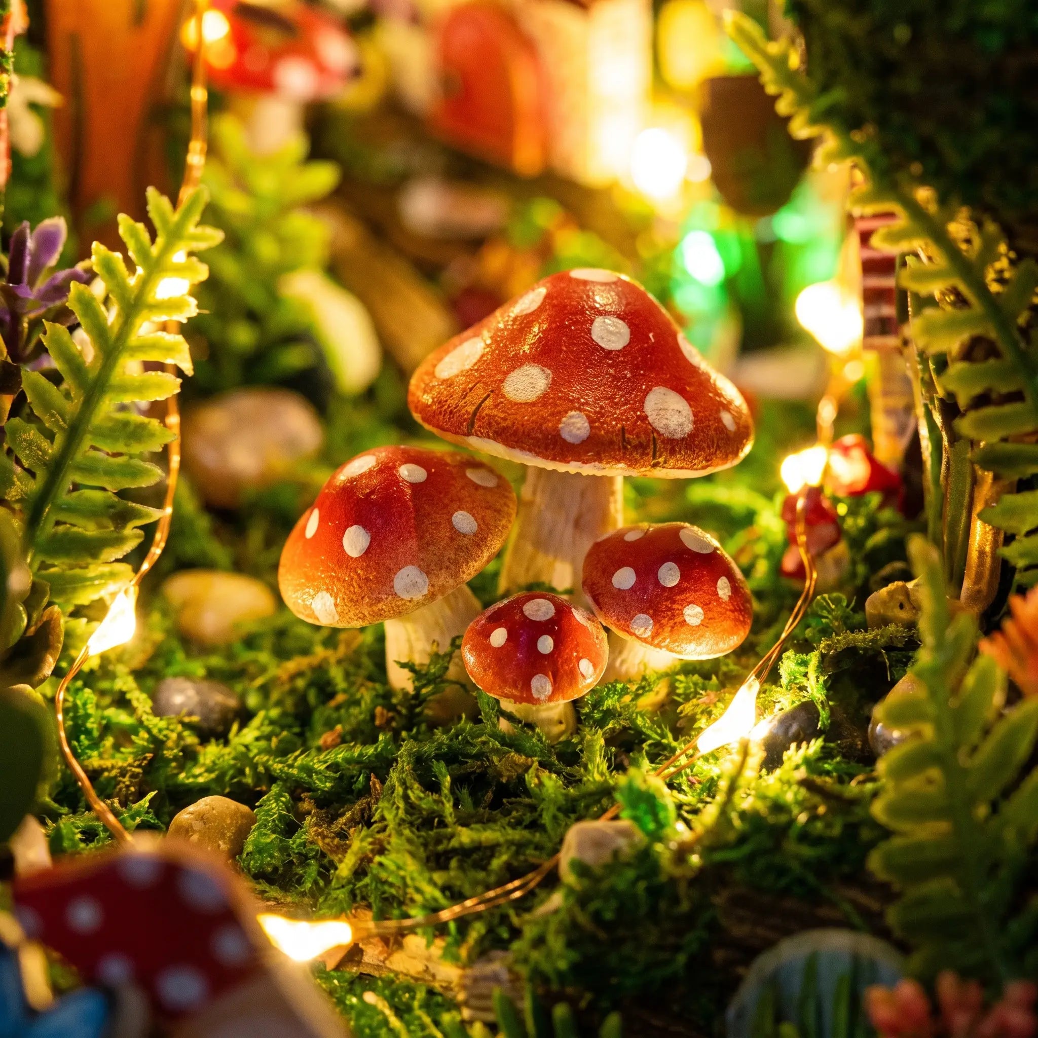 Glowing red-capped mushrooms on the forest floor of The Firefly Forest