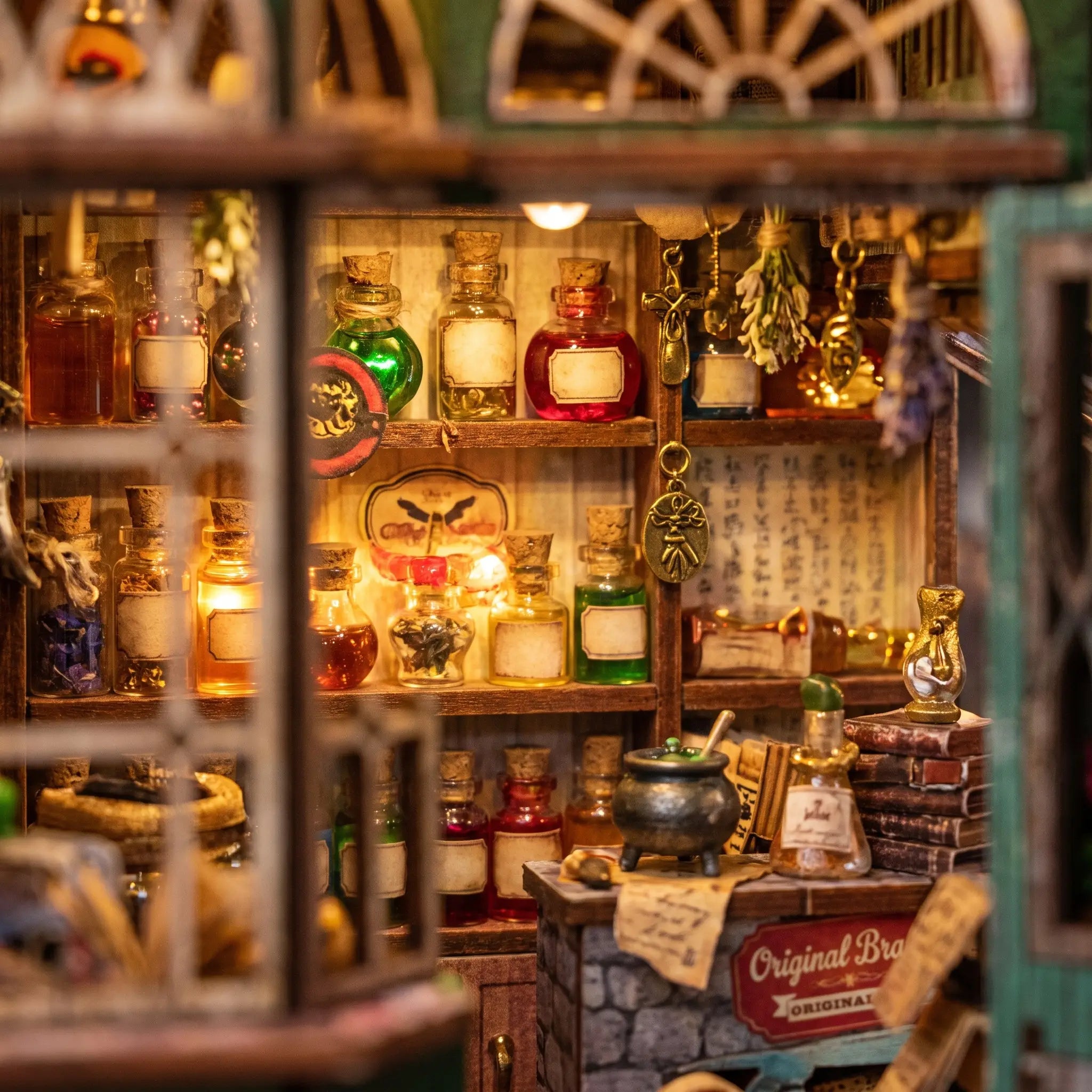 Close-up of the lit interior shelves of glowing potion bottles inside The Enchantment Shop