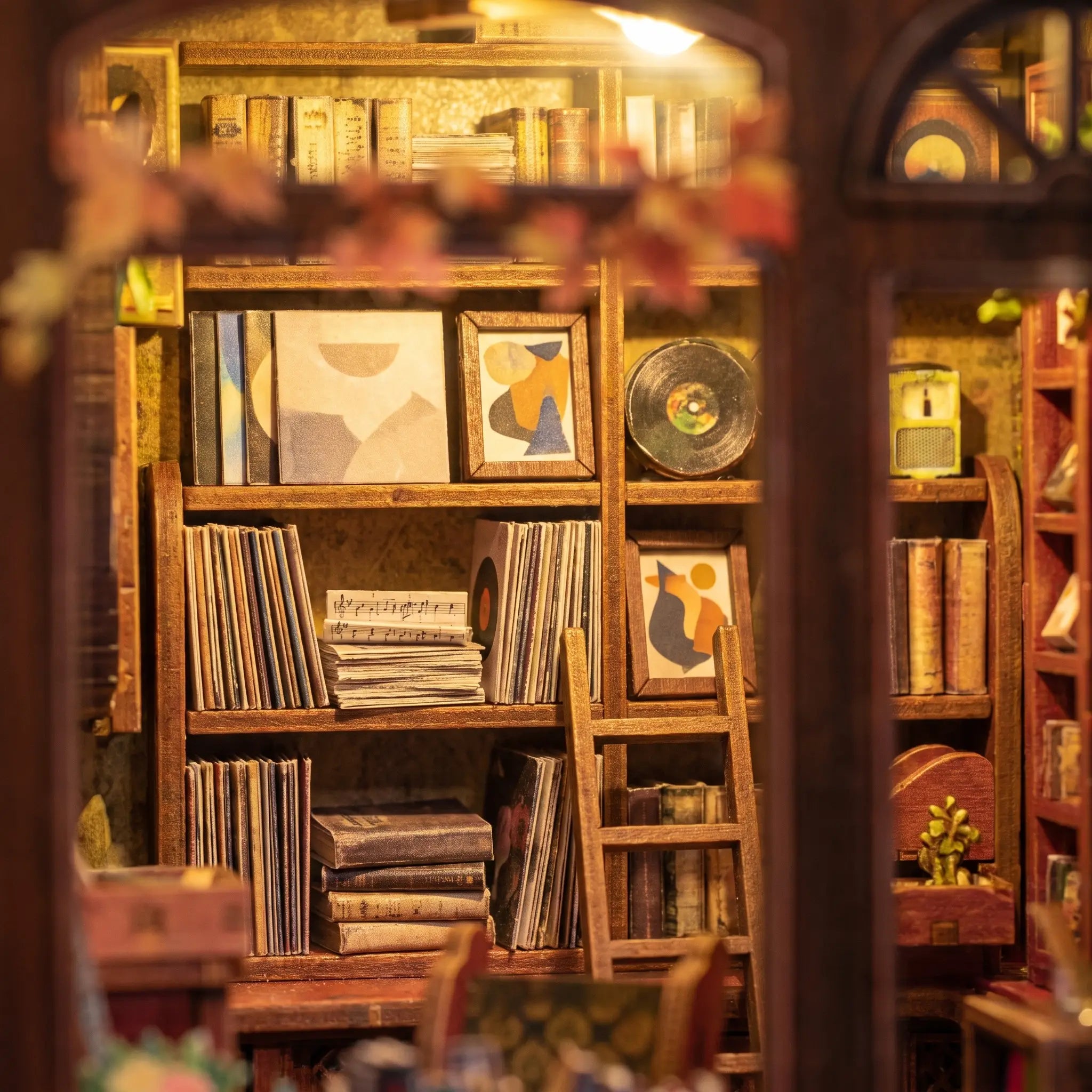 Detail of the wall shelves of records, sheet music and books in The Record Shop book nook