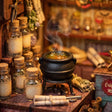 Close-up of the bubbling cauldron inside The Enchantment Shop