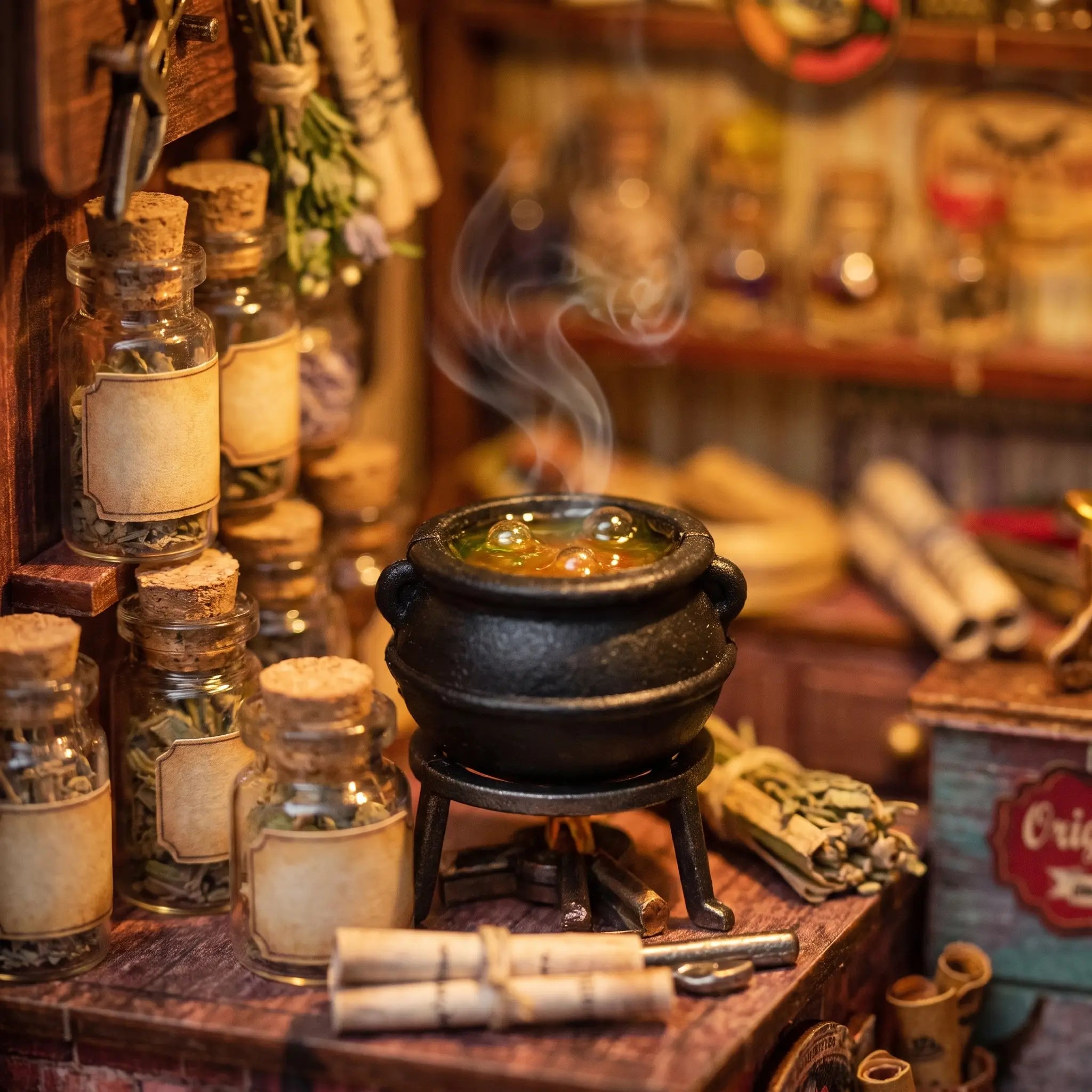 Close-up of the bubbling cauldron inside The Enchantment Shop