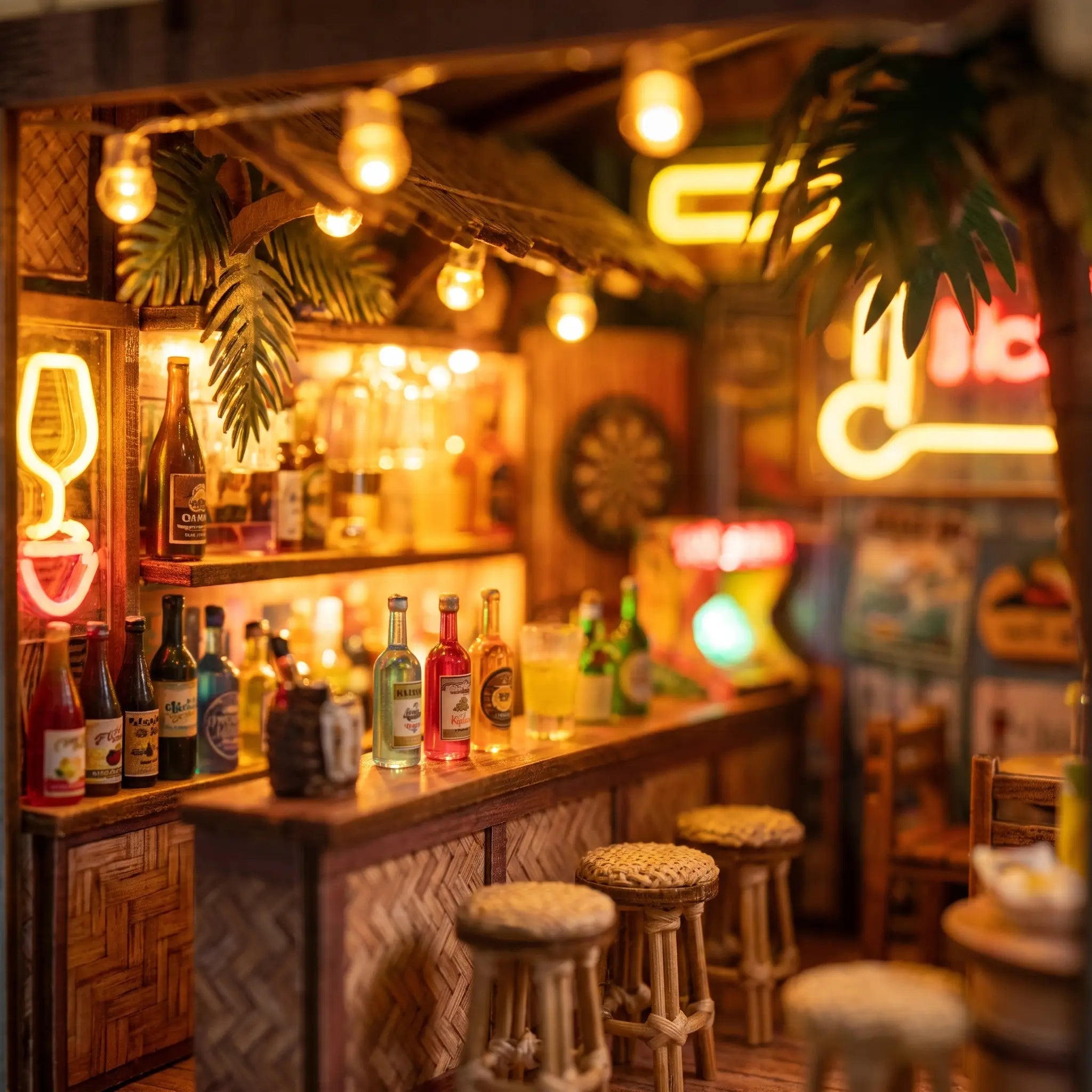 Close-up of the lit interior bar counter with glowing signs and palm decor