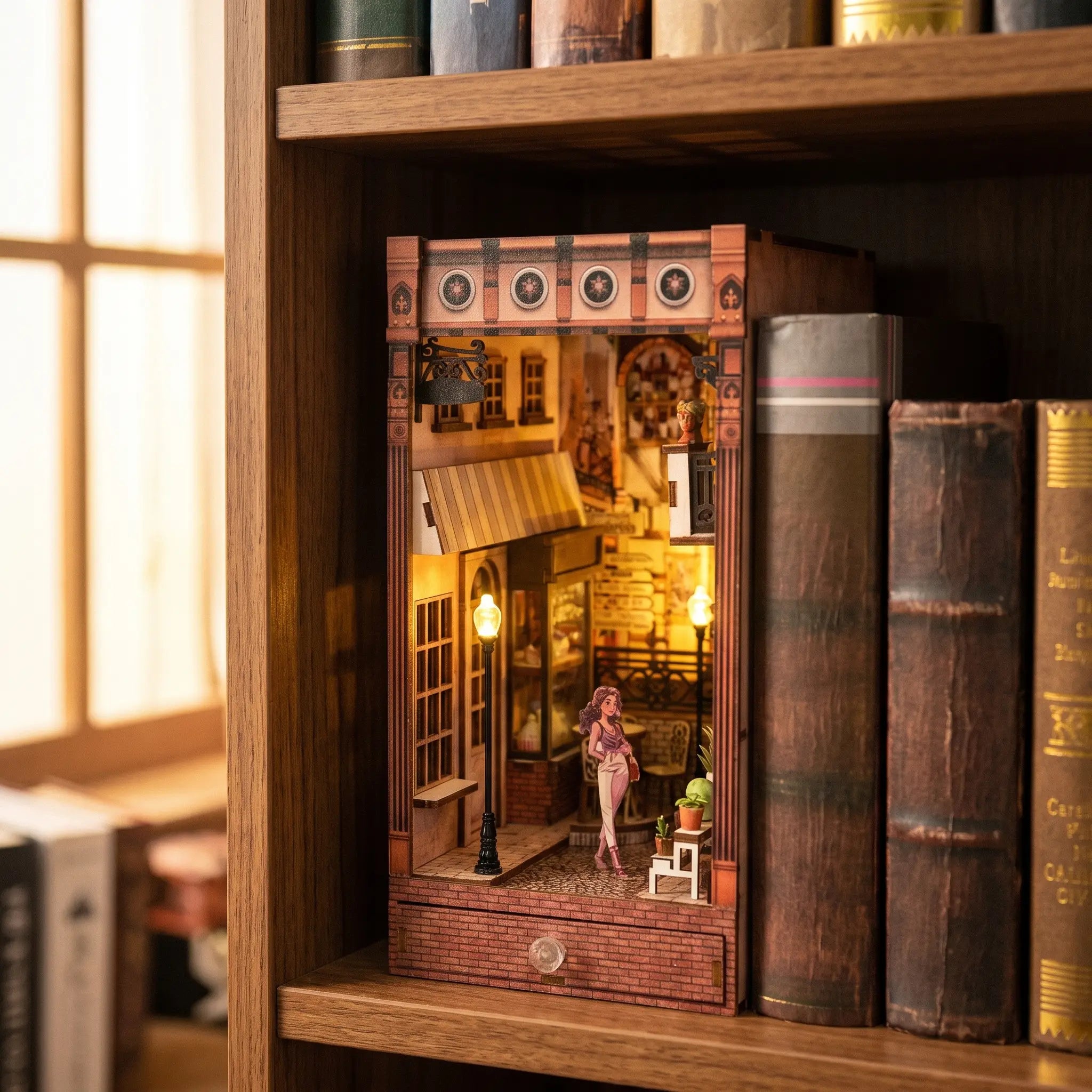 The Sunset Lane book nook slotted on a bookshelf at dusk