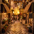 The cobblestone lane and awnings of The Sunset Lane