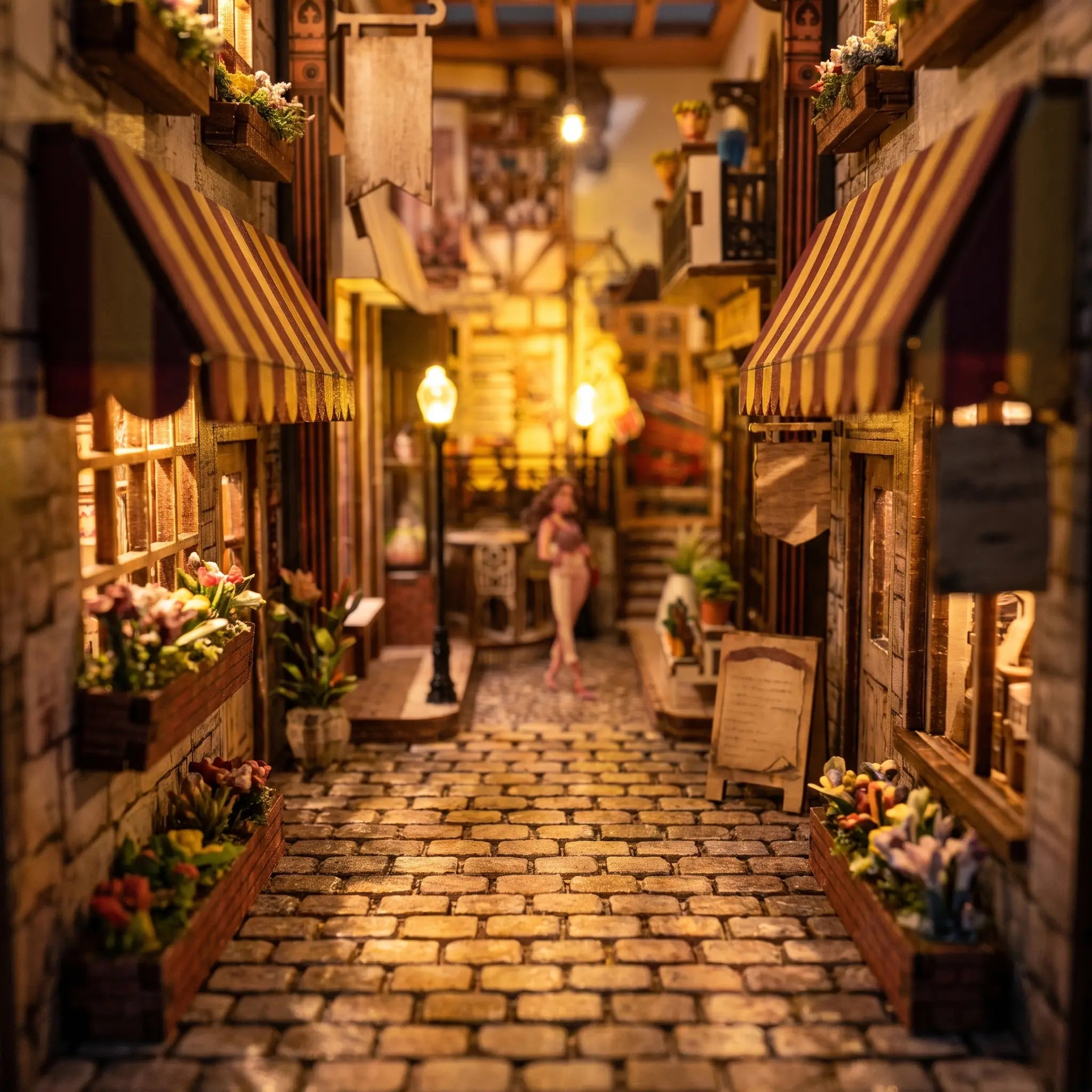 The cobblestone lane and awnings of The Sunset Lane