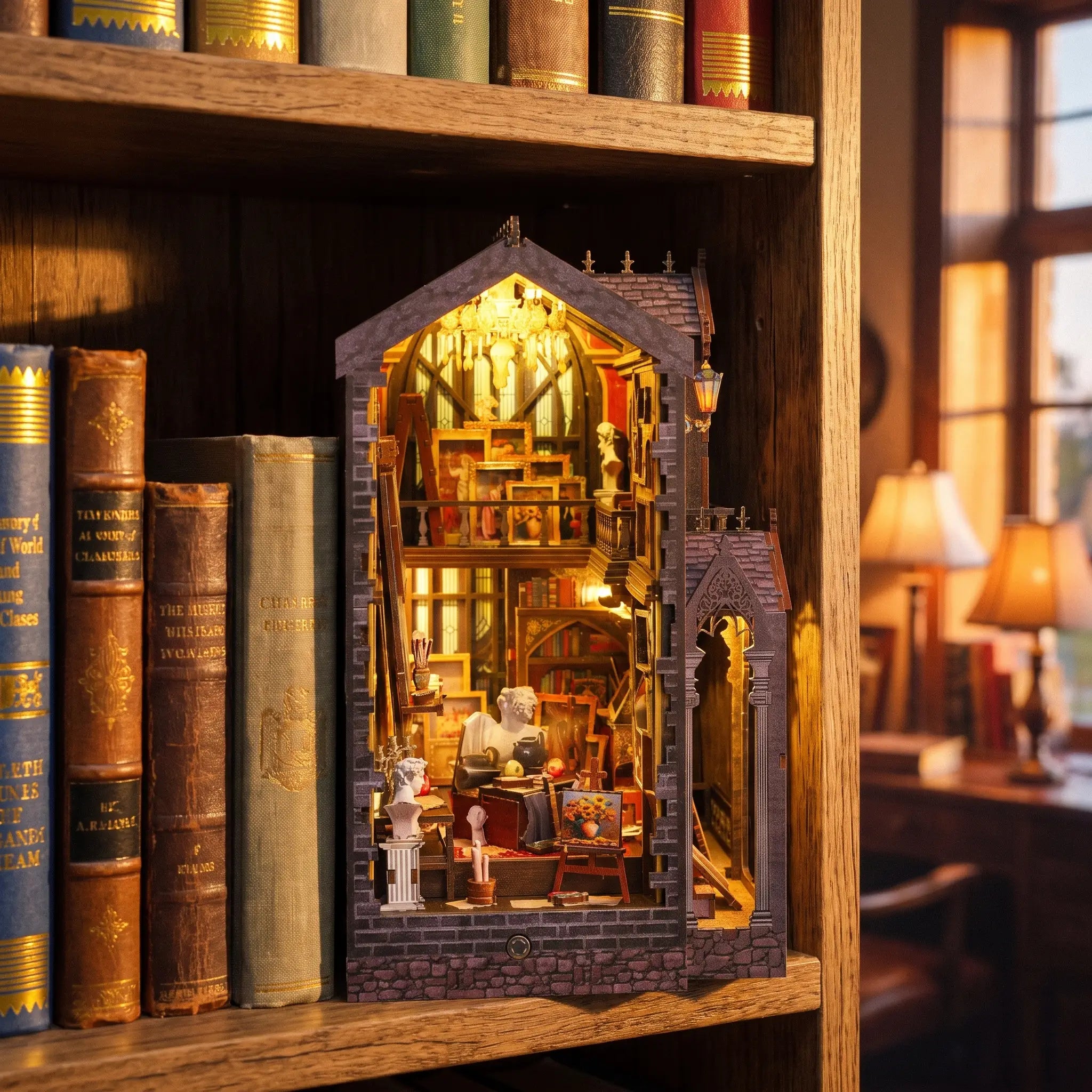 The Painter's Atelier slotted on a bookshelf between books, glowing warmly