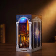 The Celestial Library lit interior on a dark walnut backdrop