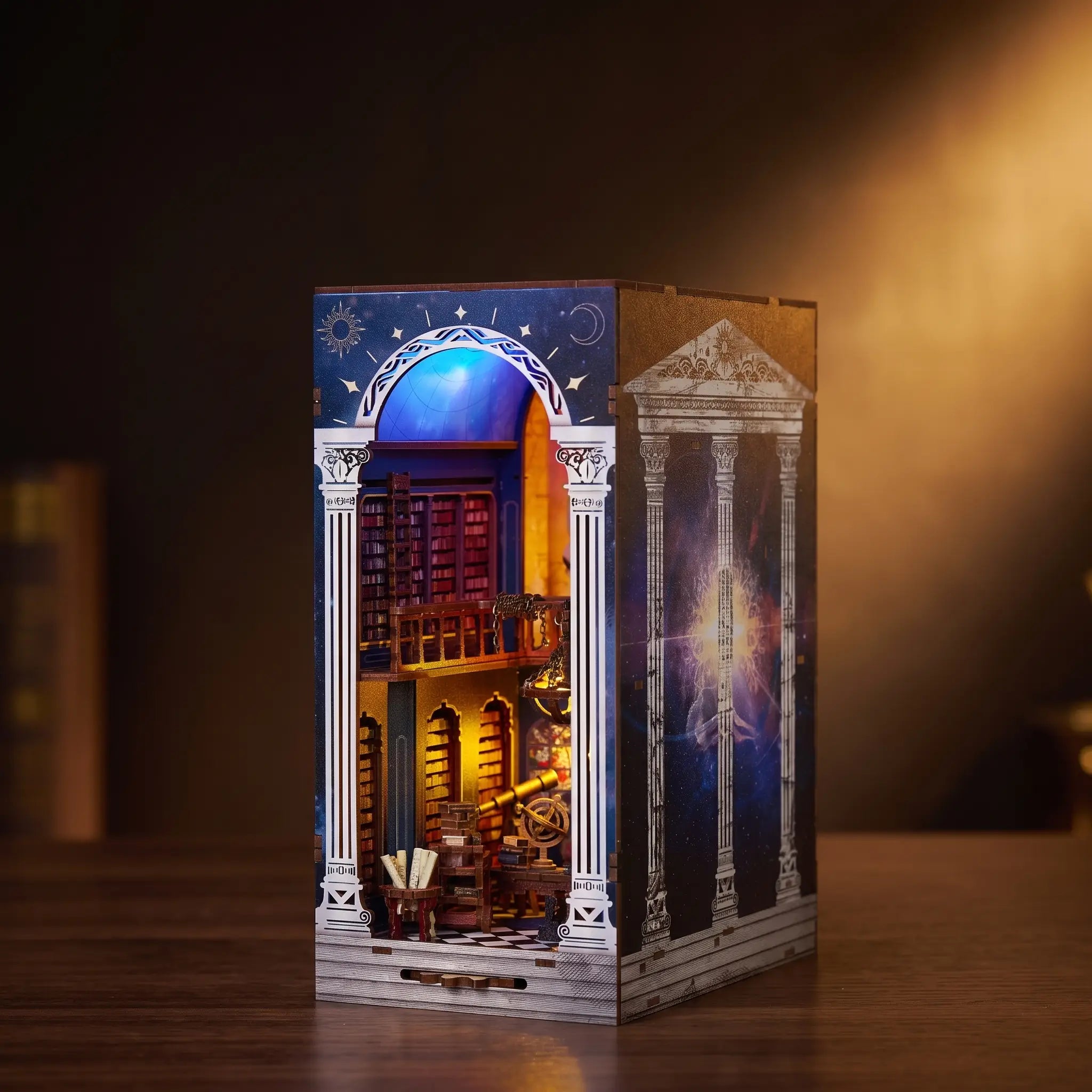 The Celestial Library lit interior on a dark walnut backdrop