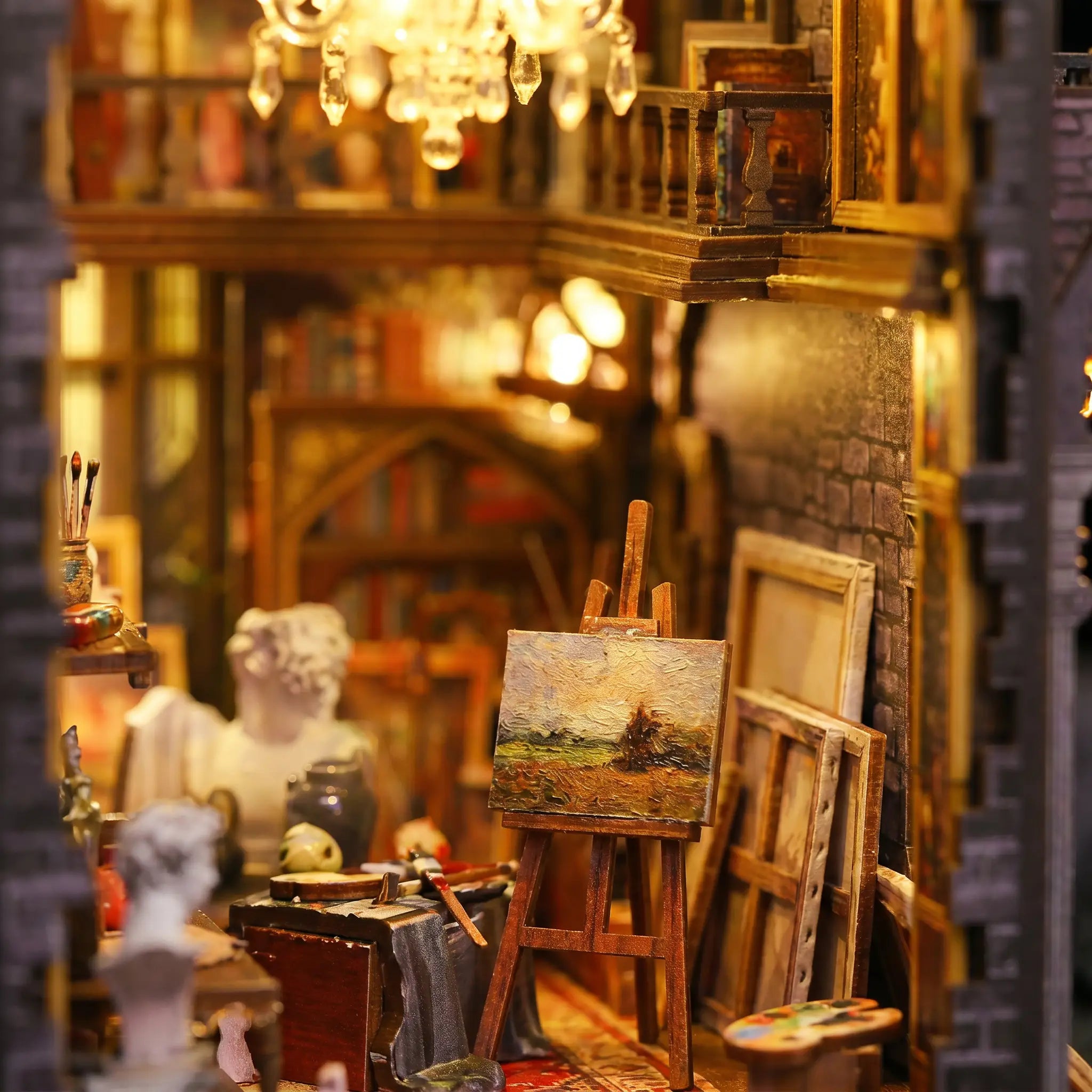 Lit interior of The Painter's Atelier with easels, oil paintings and a plaster bust