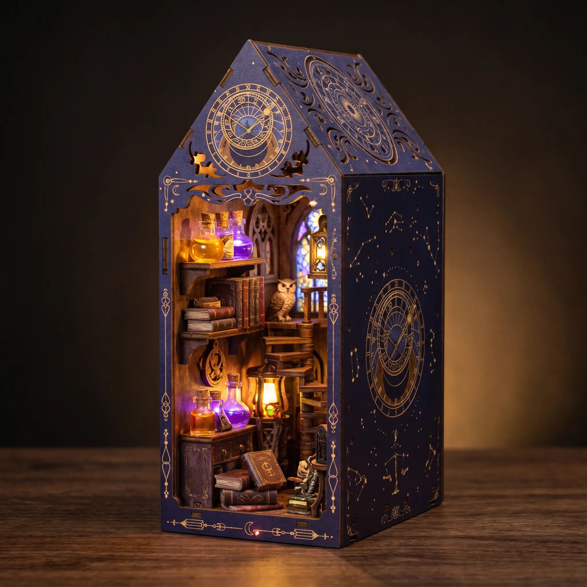 The Arcane Tower DIY book nook, front three quarter on dark wood, glowing wizard study interior